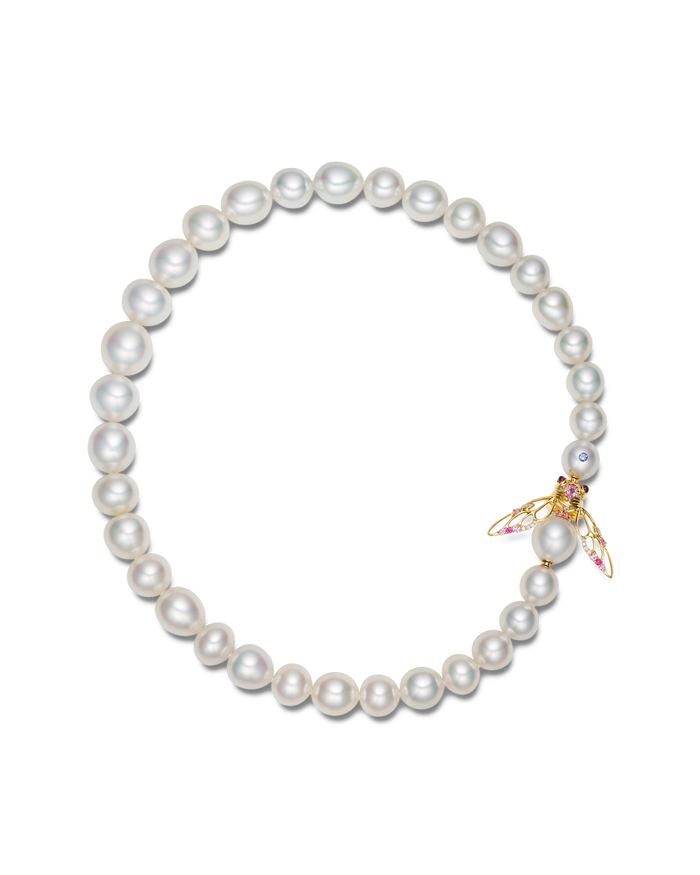 Blushing Cicada Pearl Clasp | 12mm Drop Pearl, Pink Sapphire, and Yell