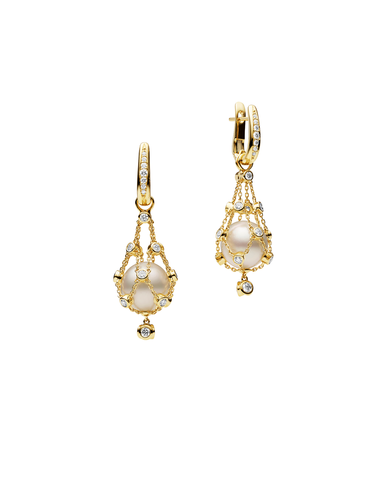 Lavalier Diamond Pearl Earrings 12mm Button Pearl Yellow Gold DH14E21YPB12