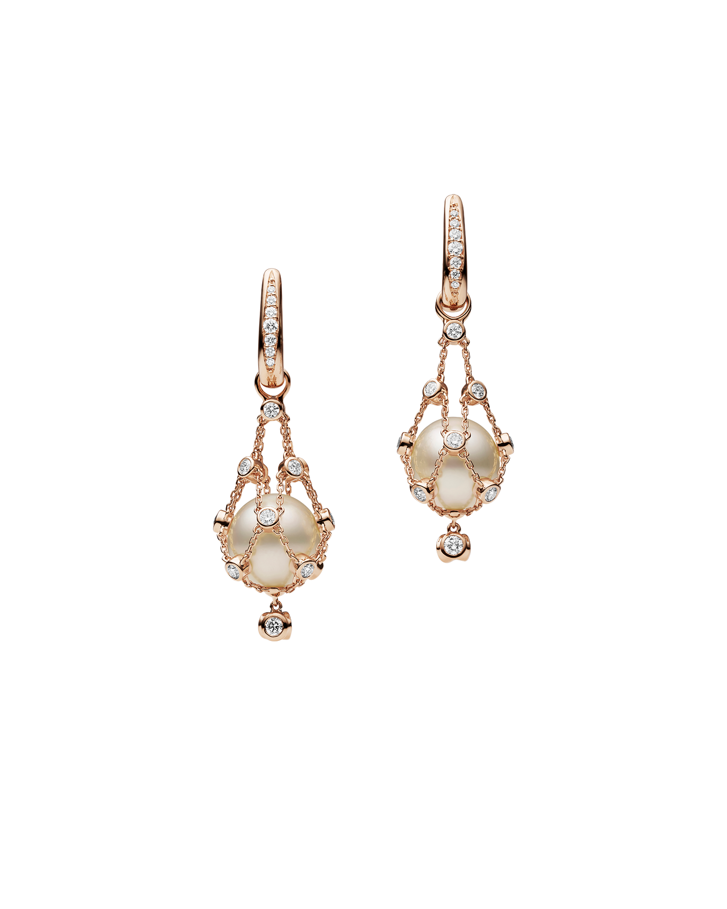 Diamond Lavalier Pearl Earrings with 12mm Button Pearl, Diamonds, and Rose Gold DH14E21RPB12