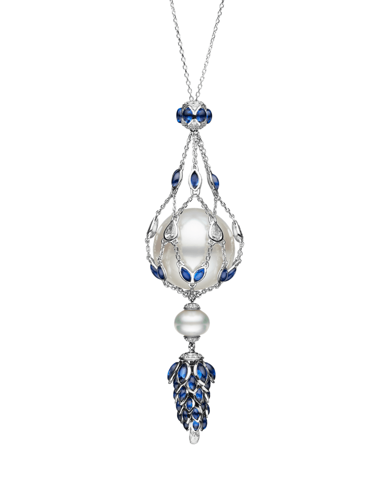 Blue Sapphire Hero Lavalier Pearl Necklace | 15mm Round Pearl, Blue Sapphires and White Gold 1