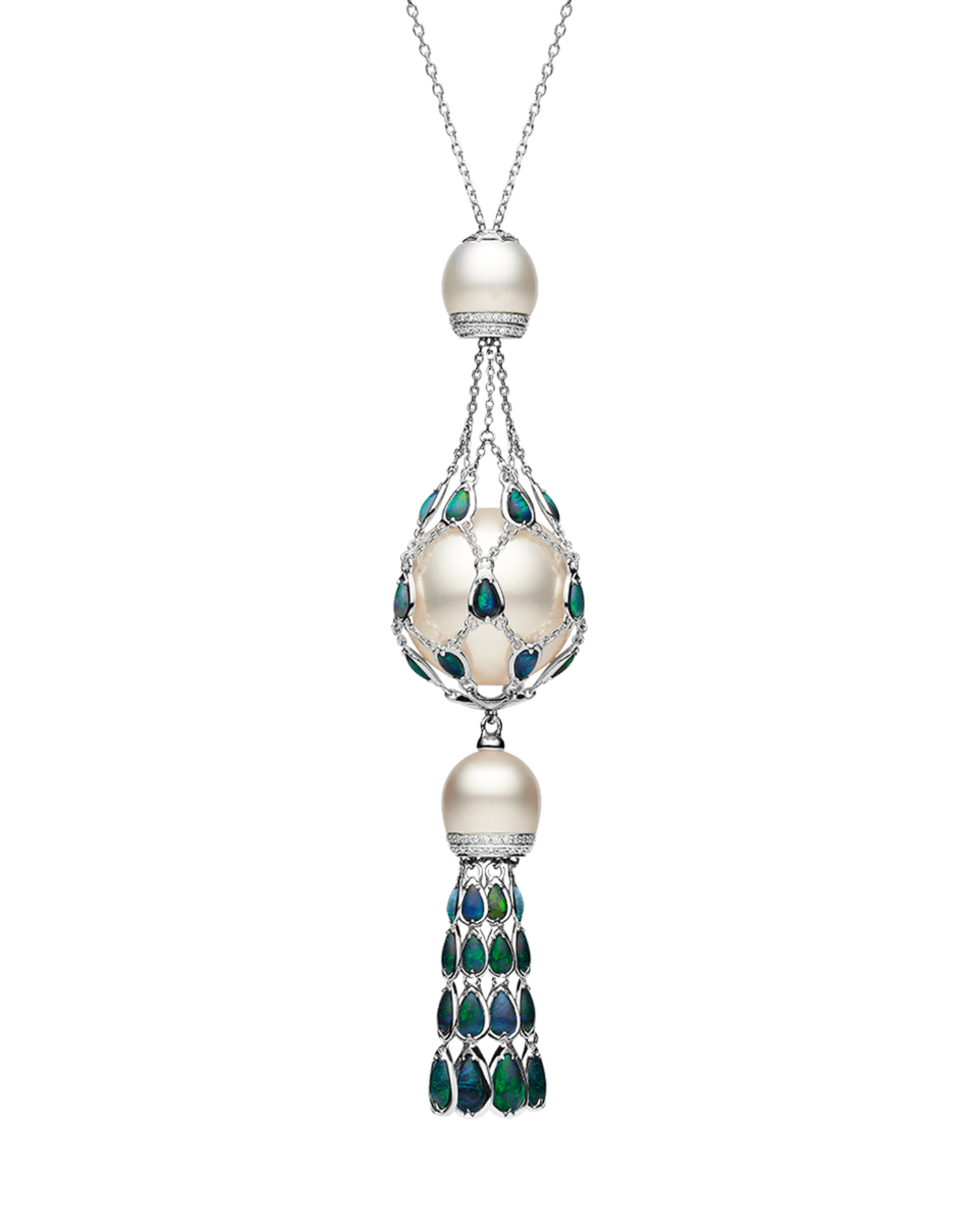 Black Opal Hero Lavalier Pearl Necklace | 18mm Round Pearl, Black Opals, and White Gold 1