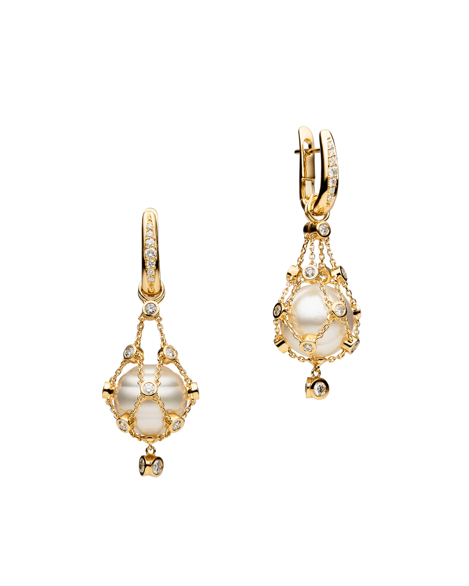 Diamond Lavalier Pearl Earrings | 12mm Circle Pearls, Diamonds and Yellow Gold 1