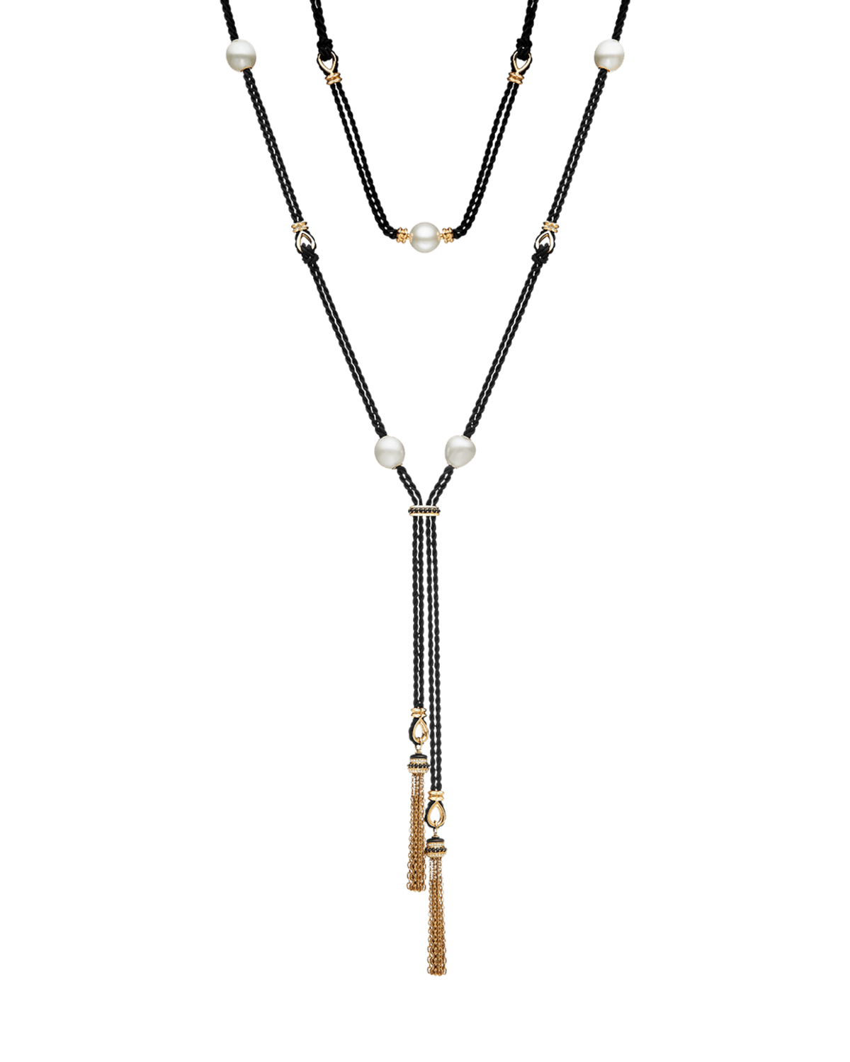 Tassel Rope Pearl Necklace | 12mm Pearls, Black Spinel, and Yellow Gol