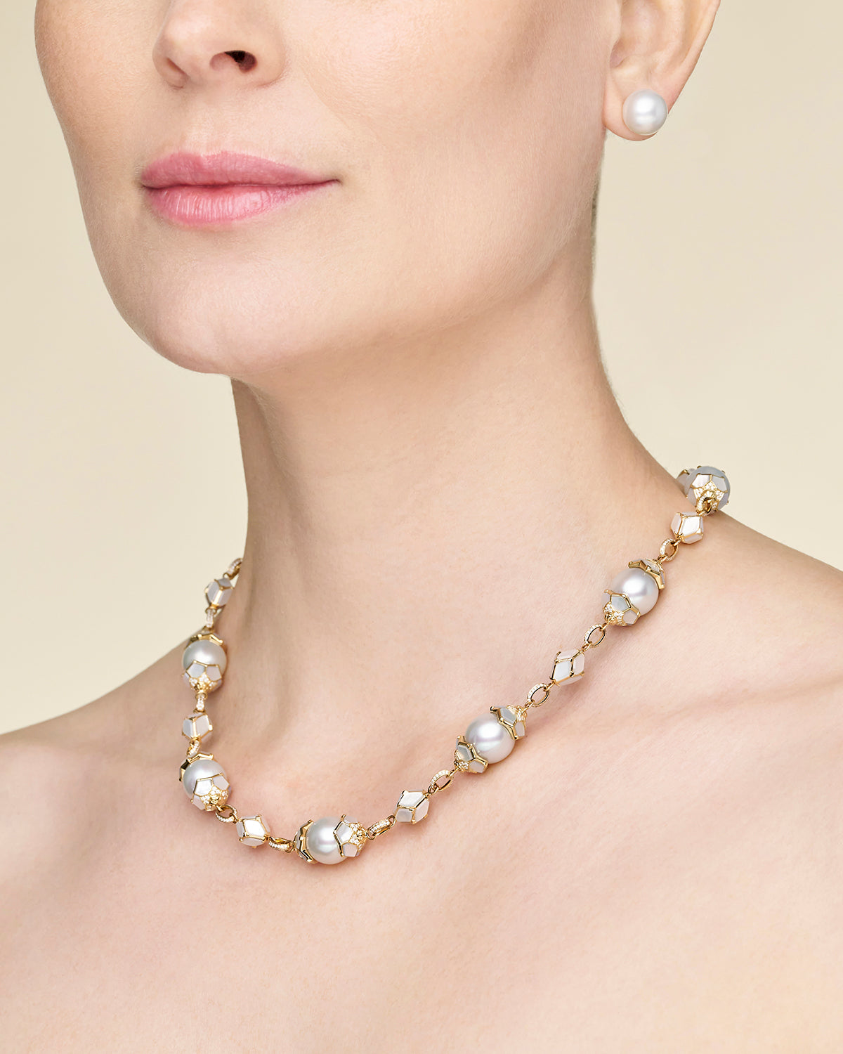 Megisti Pearl Necklace | 11-12mm Oval Pearls, Diamonds, and Yellow Gold