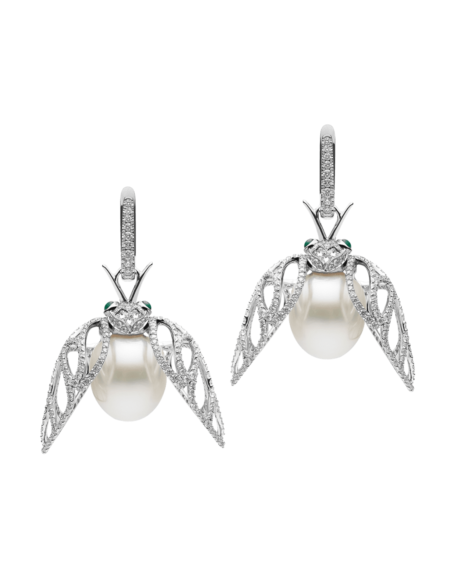 Monsoon Cicada Pearl Earrings | 12-13mm Oval Pearls, Diamonds, and White Gold