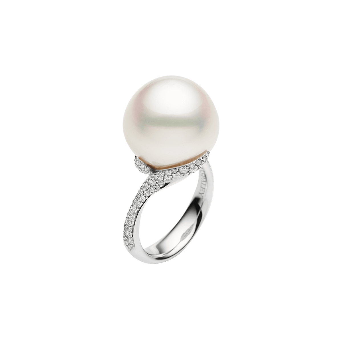 Wildflower Petal Pearl Ring 15mm Button Pearl, Diamonds, and White G