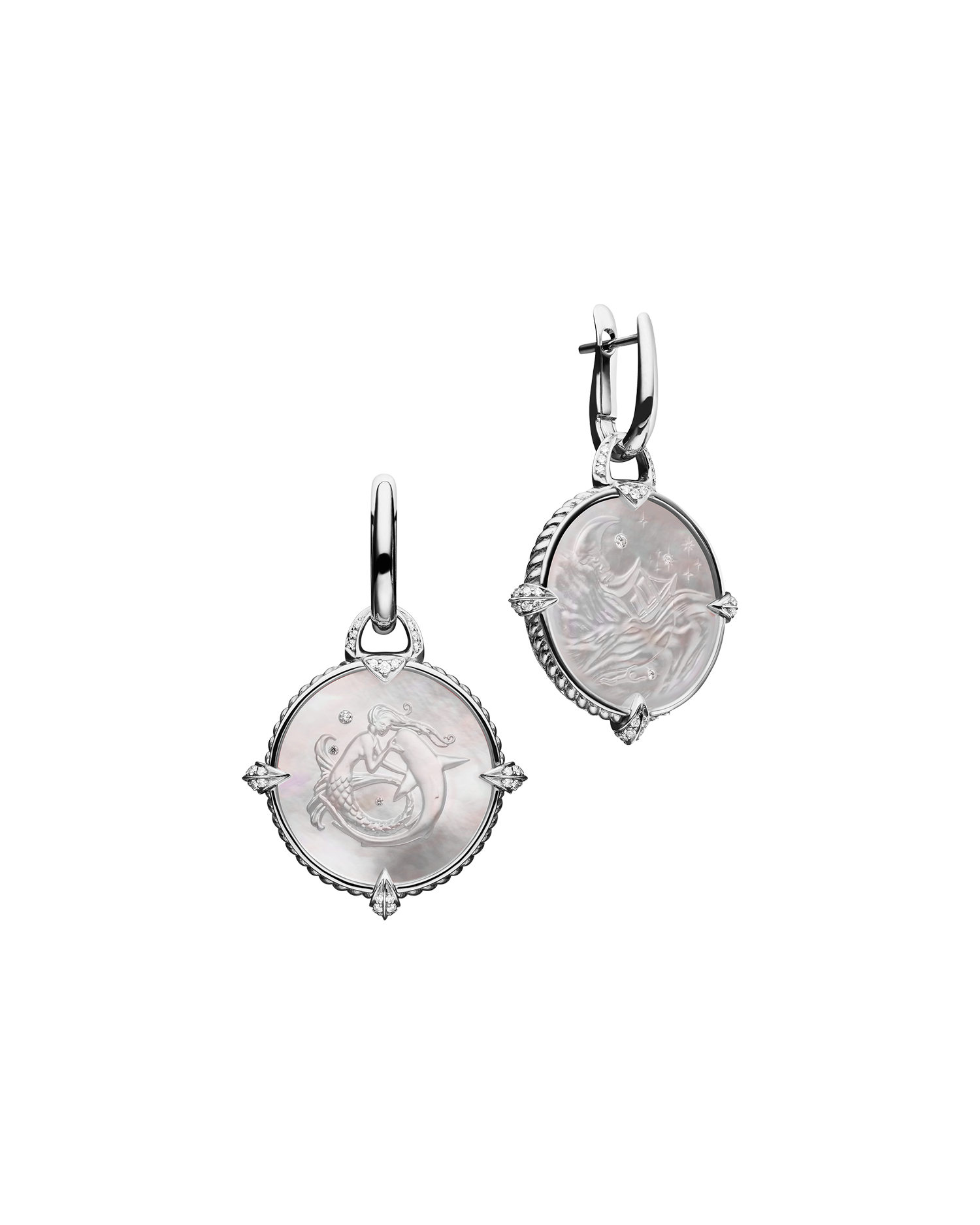 Coin Charm Earrings | Mother of Pearl, Diamonds, and White Gold 2