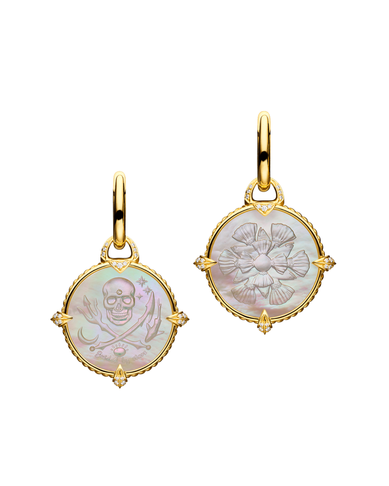 Coin Charm Earrings | Mother of Pearl, Diamonds, and Yellow Gold
