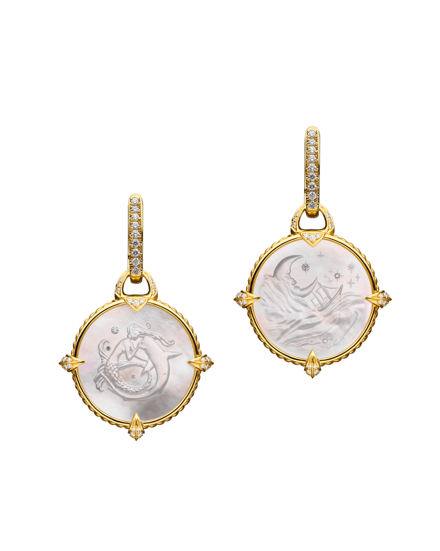 Coin Charm Diamond Earrings| Mother of Pearl, Diamonds, Yellow Gold 1