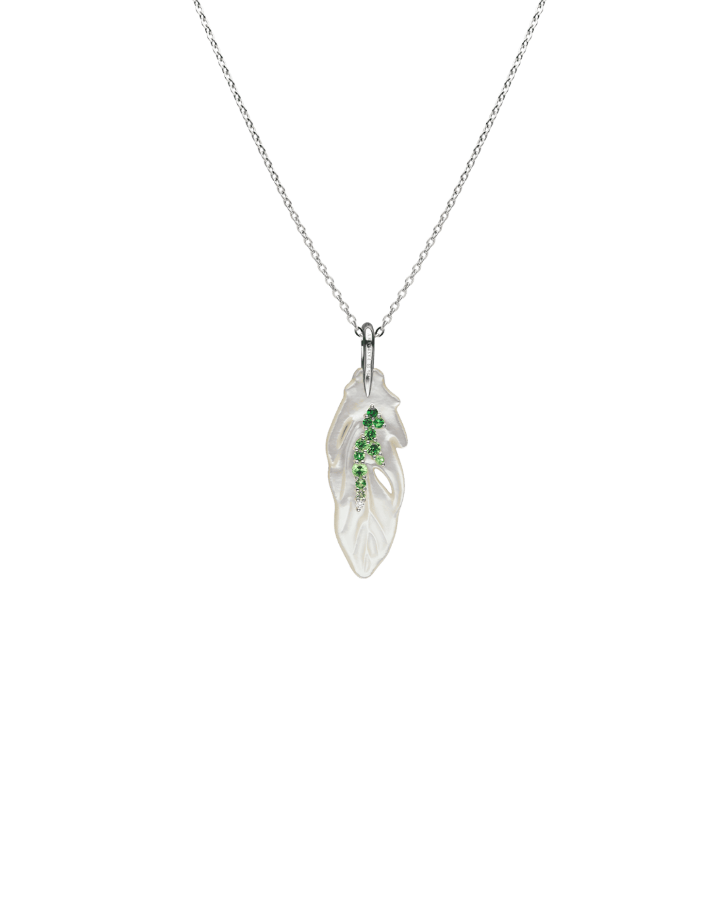 Single Feather Necklace | Mother of Pearl, Tsavorites, and White Gold 1