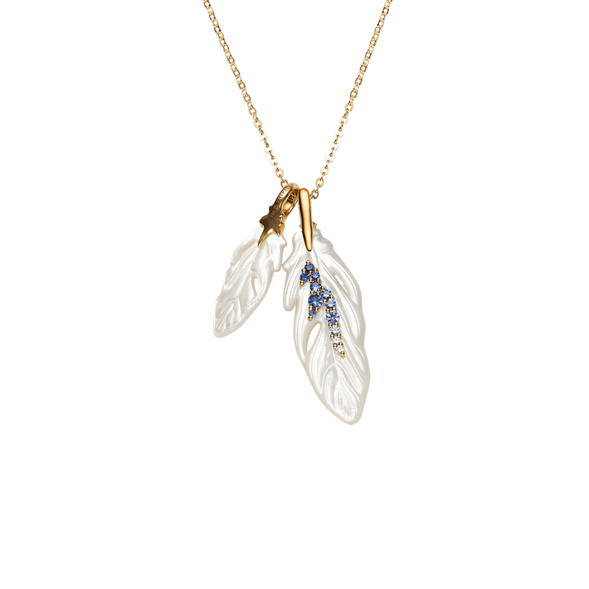 Double Feather Necklace | Mother of Pearl, Sapphires, and Yellow Gold