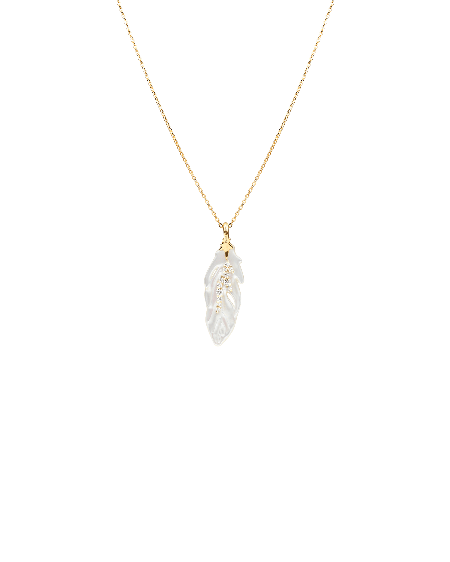 Single Feather Necklace | Mother of Pearl, Blue Sapphires, and Yellow Gold 2