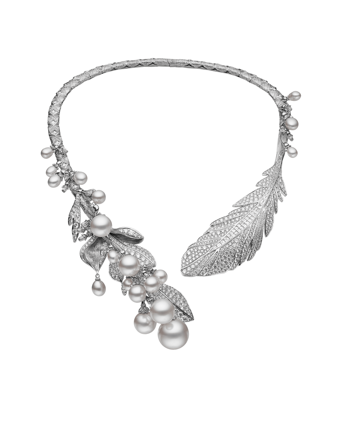 Night Bird Feather Pearl Collier | 5-16mm Pearls, Diamonds, and White