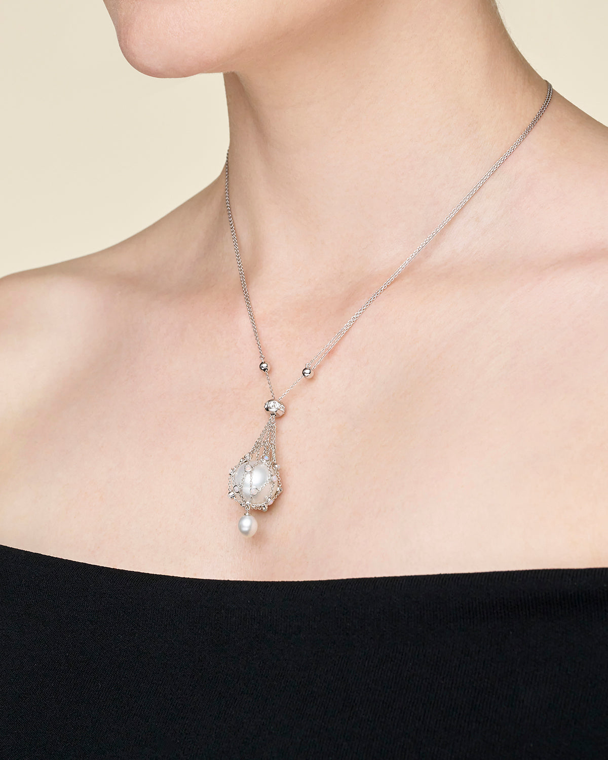 Opal Lavalier Pearl Necklace | 15mm Round Pearl, Opals, and White Gold
