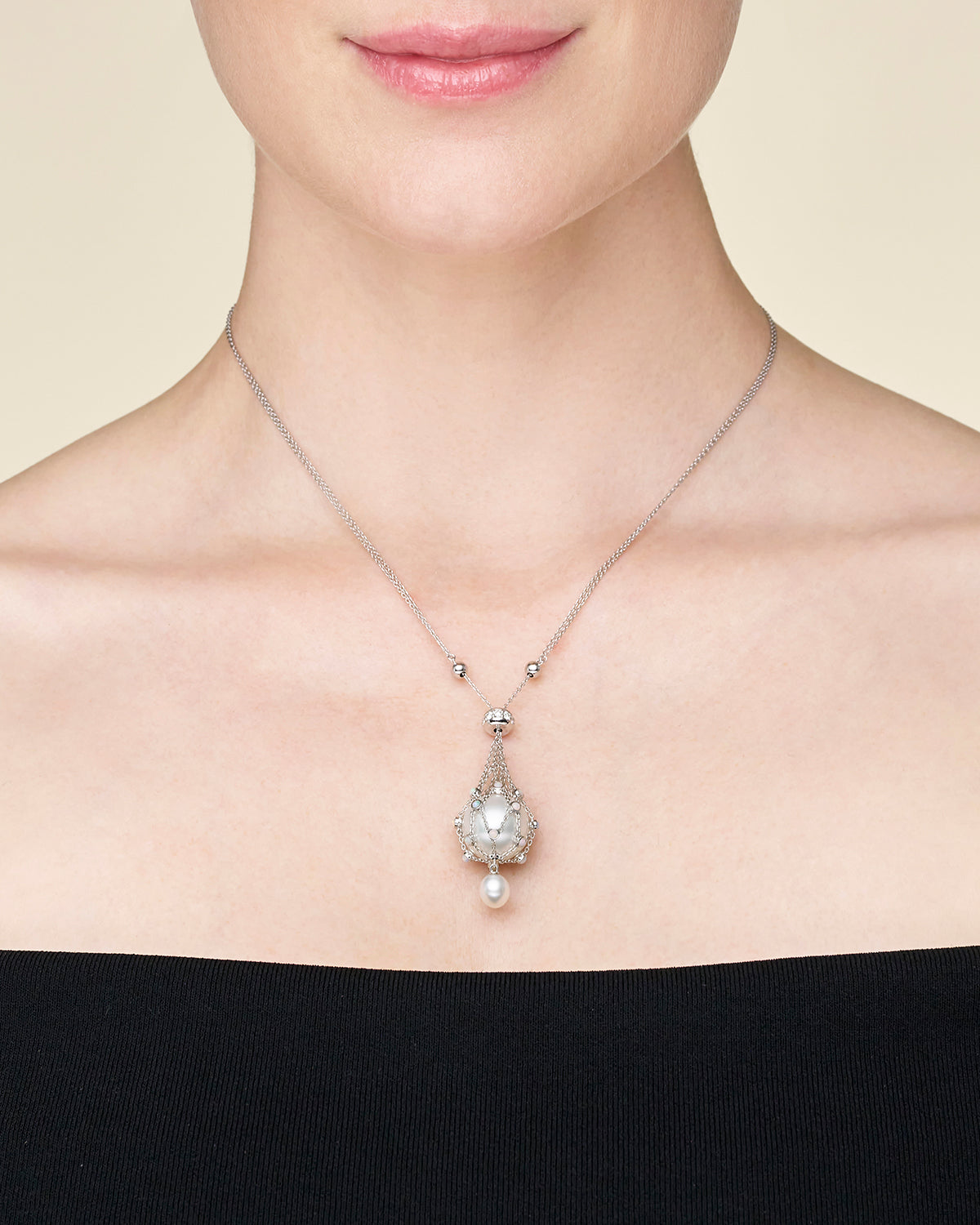 Opal Lavalier Pearl Necklace | 15mm Round Pearl, Opals, and White Gold