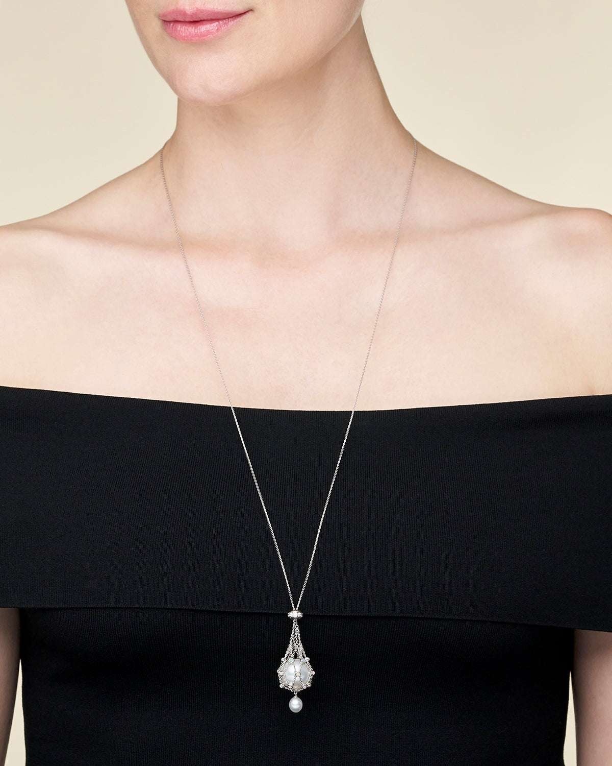 Opal Lavalier Pearl Necklace | 15mm Round Pearl, Opals, and White Gold