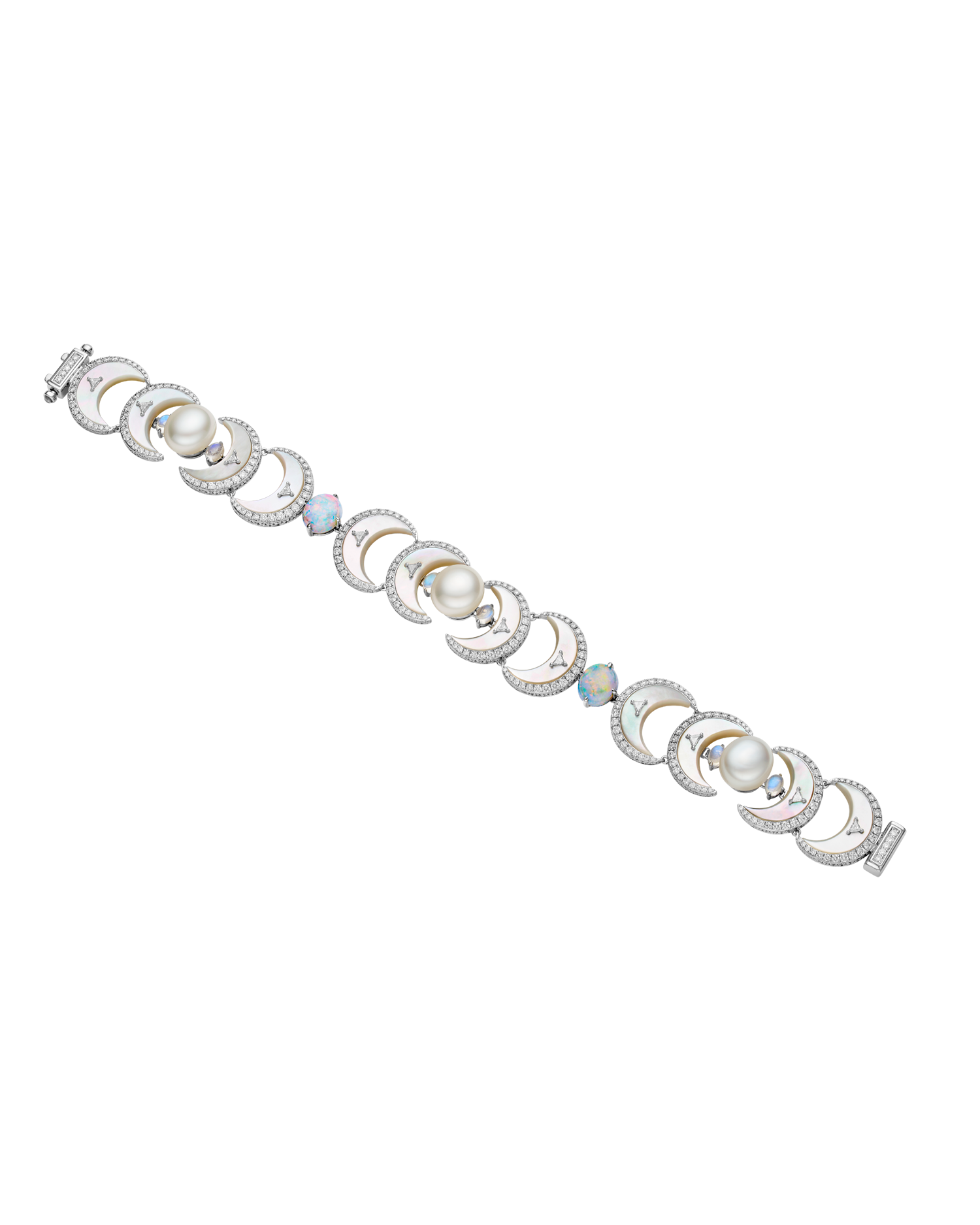 Paspaley Ocean, Crescent Moon Pearl Bracelet, 9mm Keshi Pearls, White Opals, and White Gold