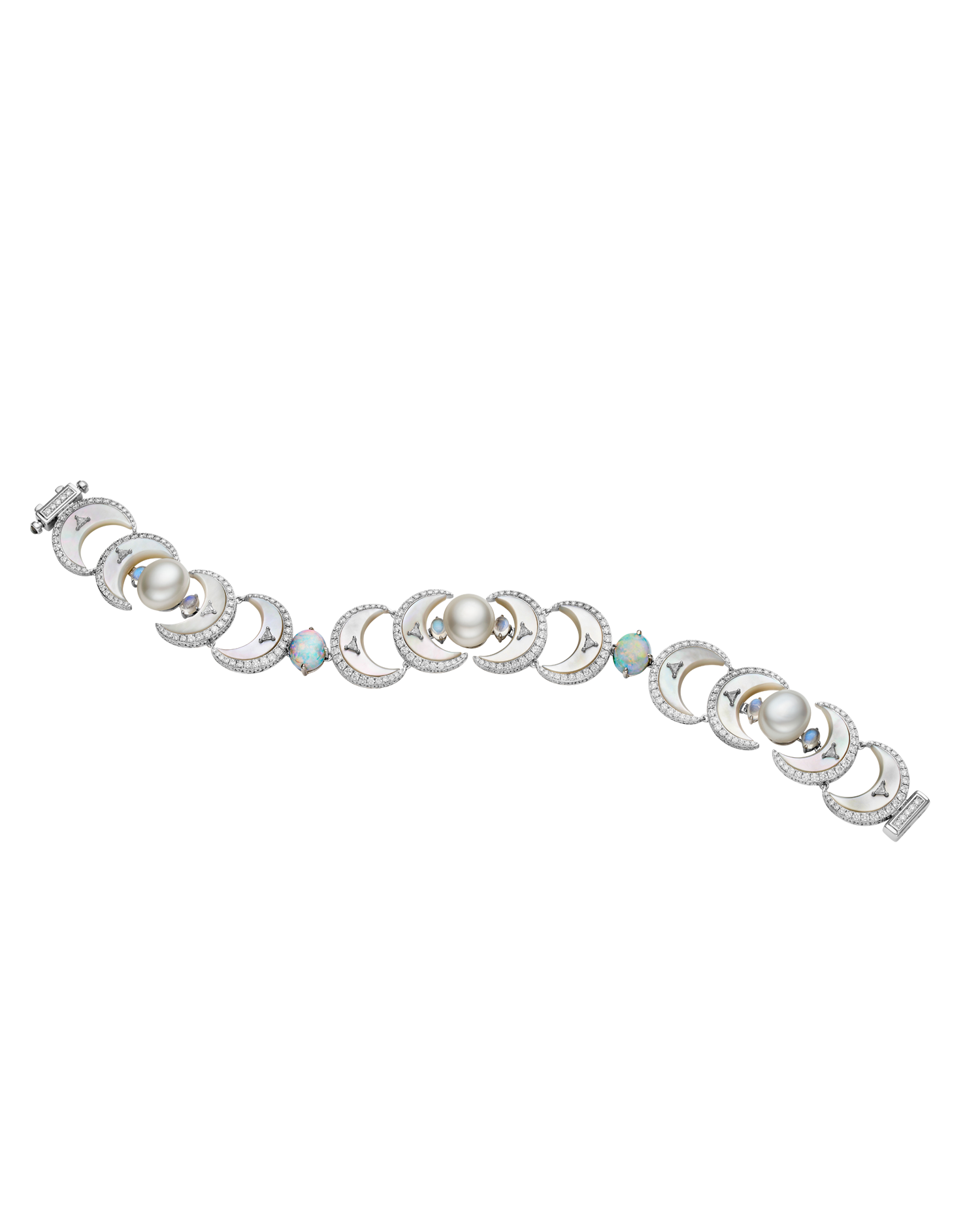 Paspaley Ocean, Crescent Moon Pearl Bracelet, 9mm Keshi Pearls, White Opals, and White Gold