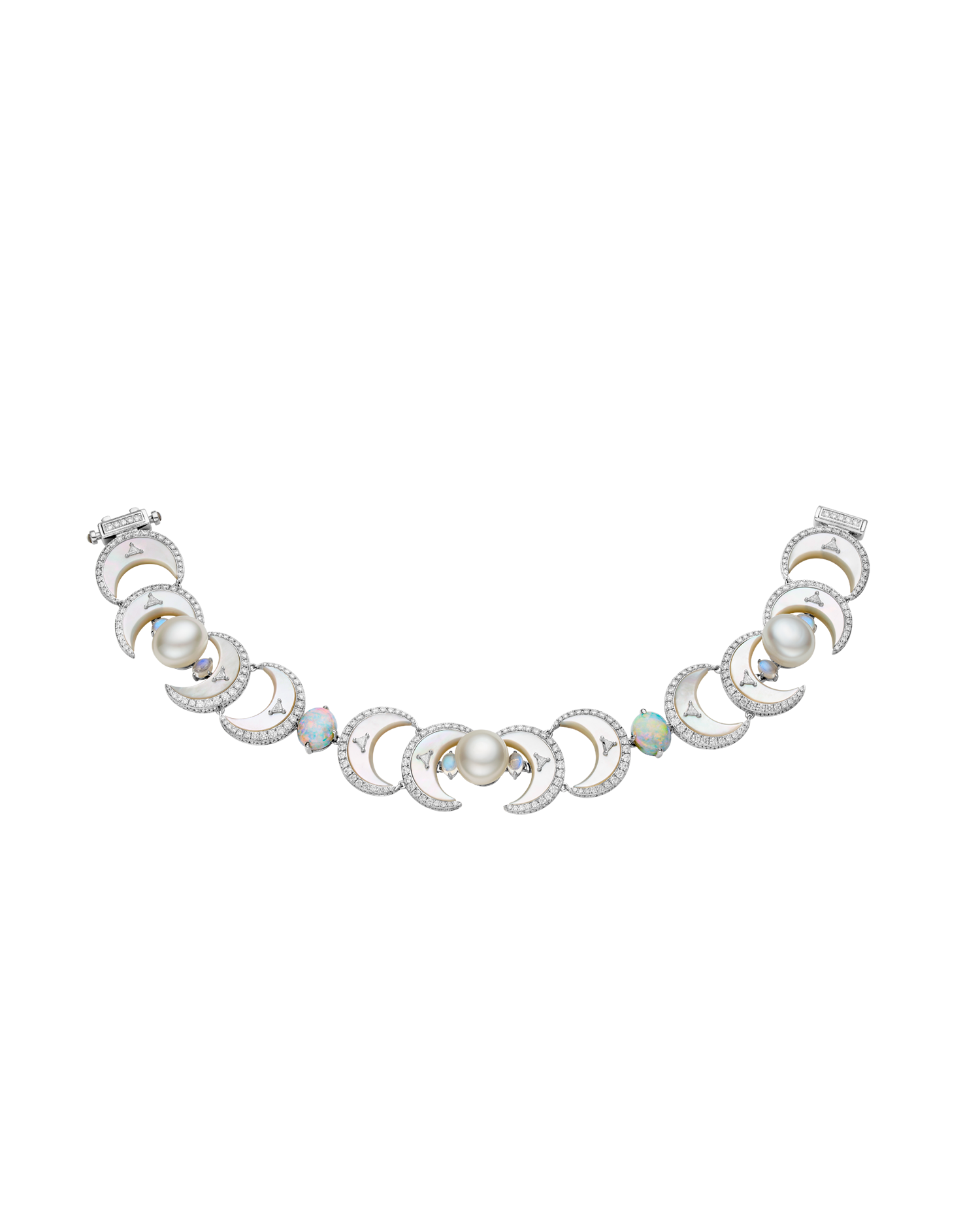 Paspaley Ocean, Crescent Moon Pearl Bracelet, 9mm Keshi Pearls, White Opals, and White Gold