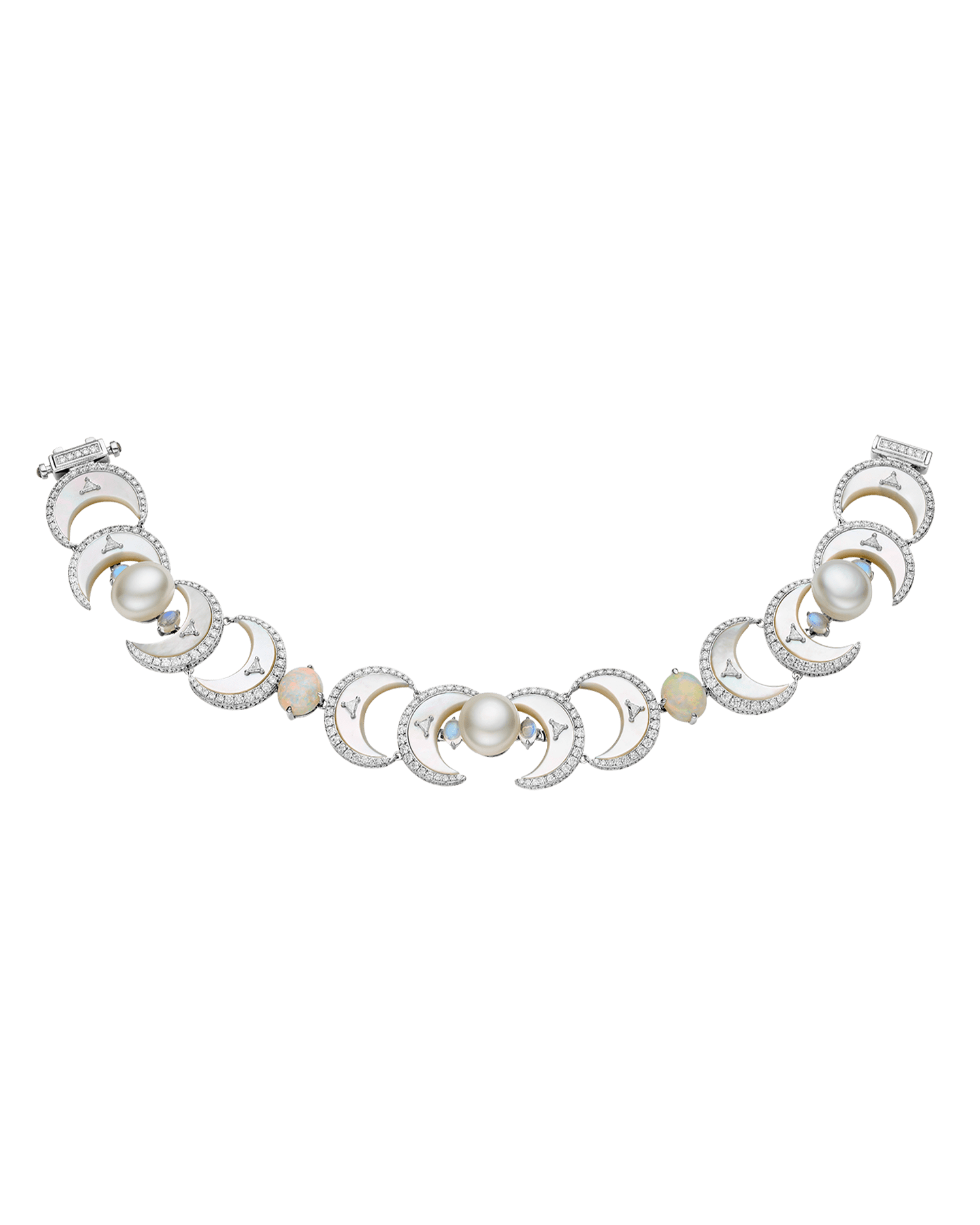 Crescent Moon Pearl Bracelet | 9mm Keshi Pearls, White Opals, and White Gold 4
