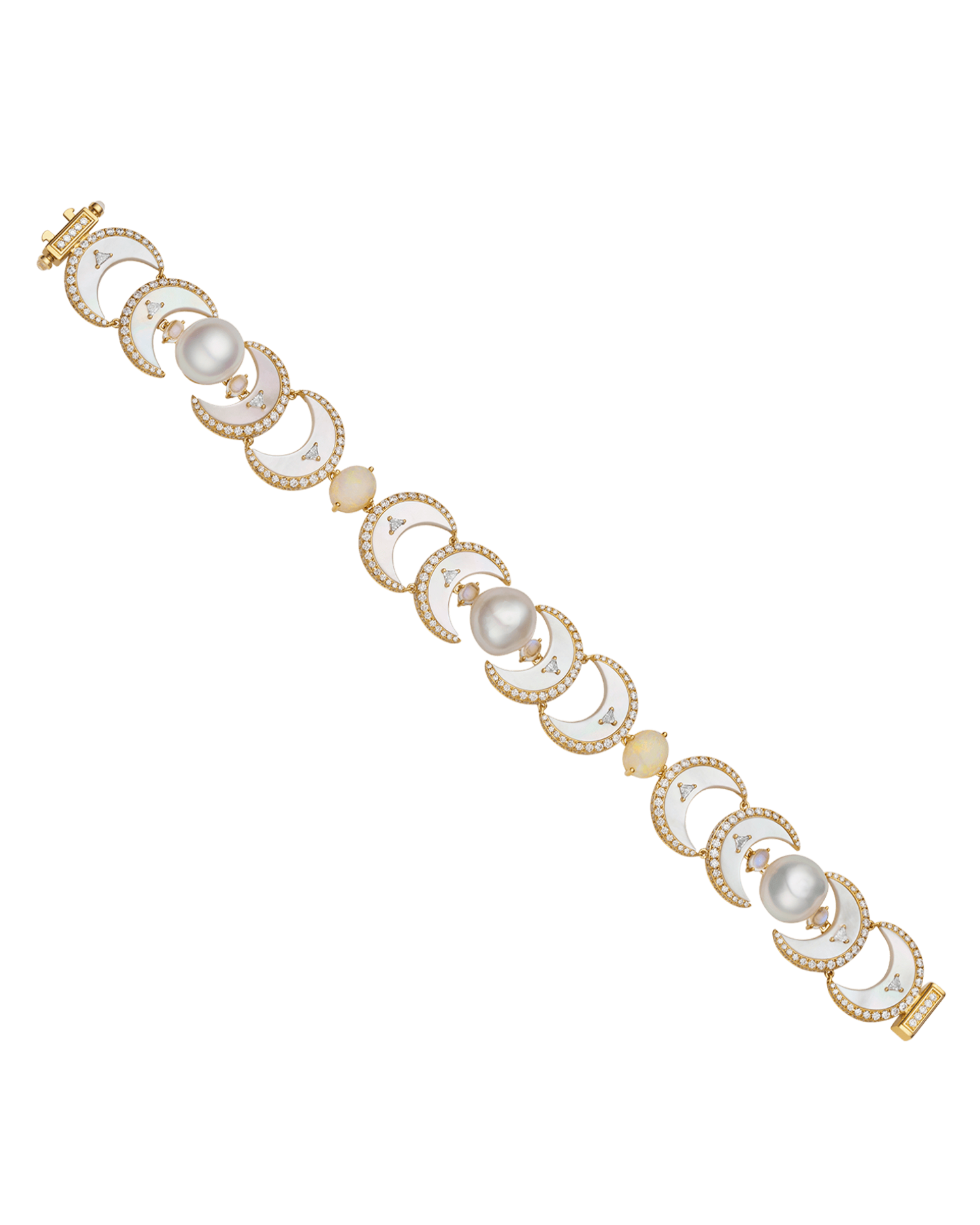 Crescent Moon Pearl Bracelet | 9mm Keshi Pearls, White Opals, and Yellow Gold