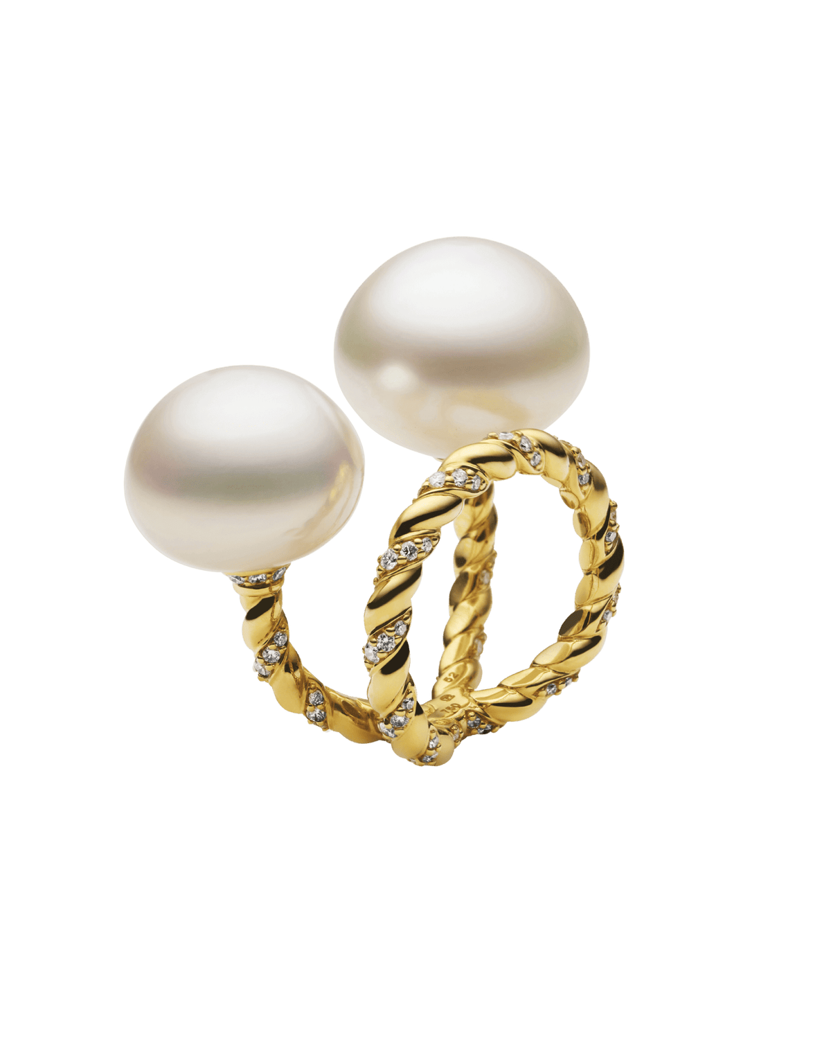 Diamond Entwined Rope Double Pearl Ring | 13-17mm Button Pearl, Diamon