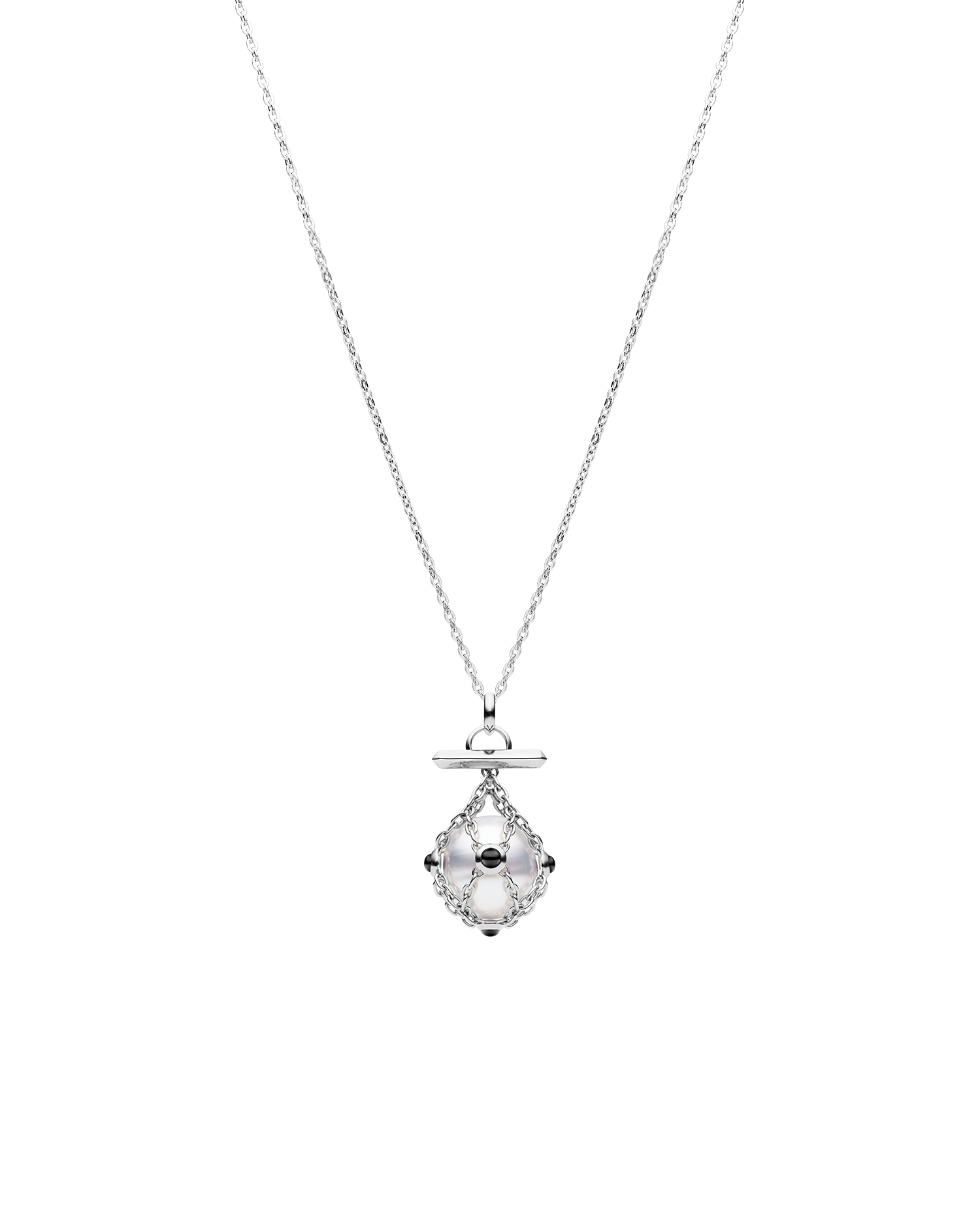 Diver Lavalier Chain Necklace | 14mm Circle Pearl, Black Spinel, and White Gold