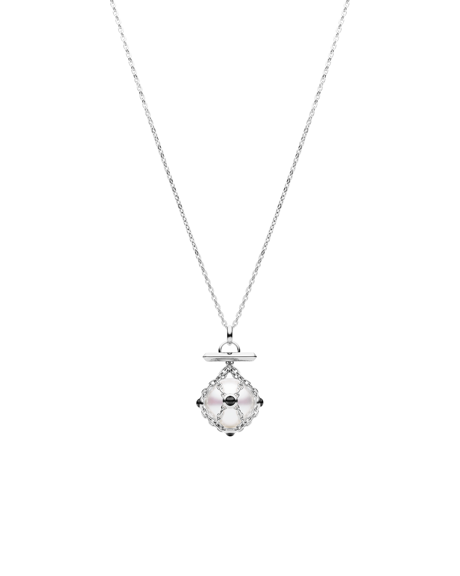 Diver Lavalier Chain Necklace |  14mm Round Pearl, Black Spinel, and White Gold