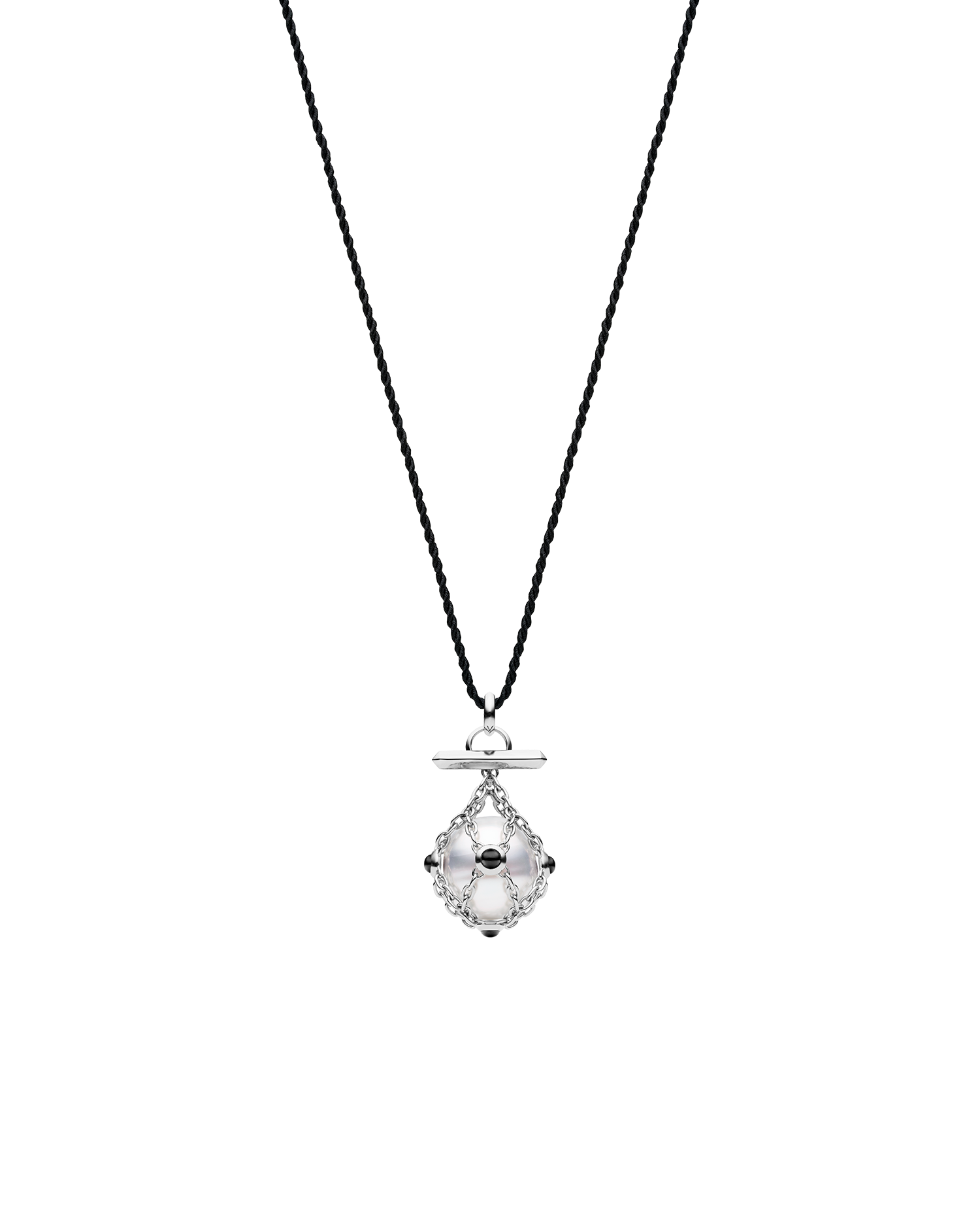 Diver Lavalier Silk Rope Necklace | 14mm Circle Pearl, Black Spinel, and White Gold