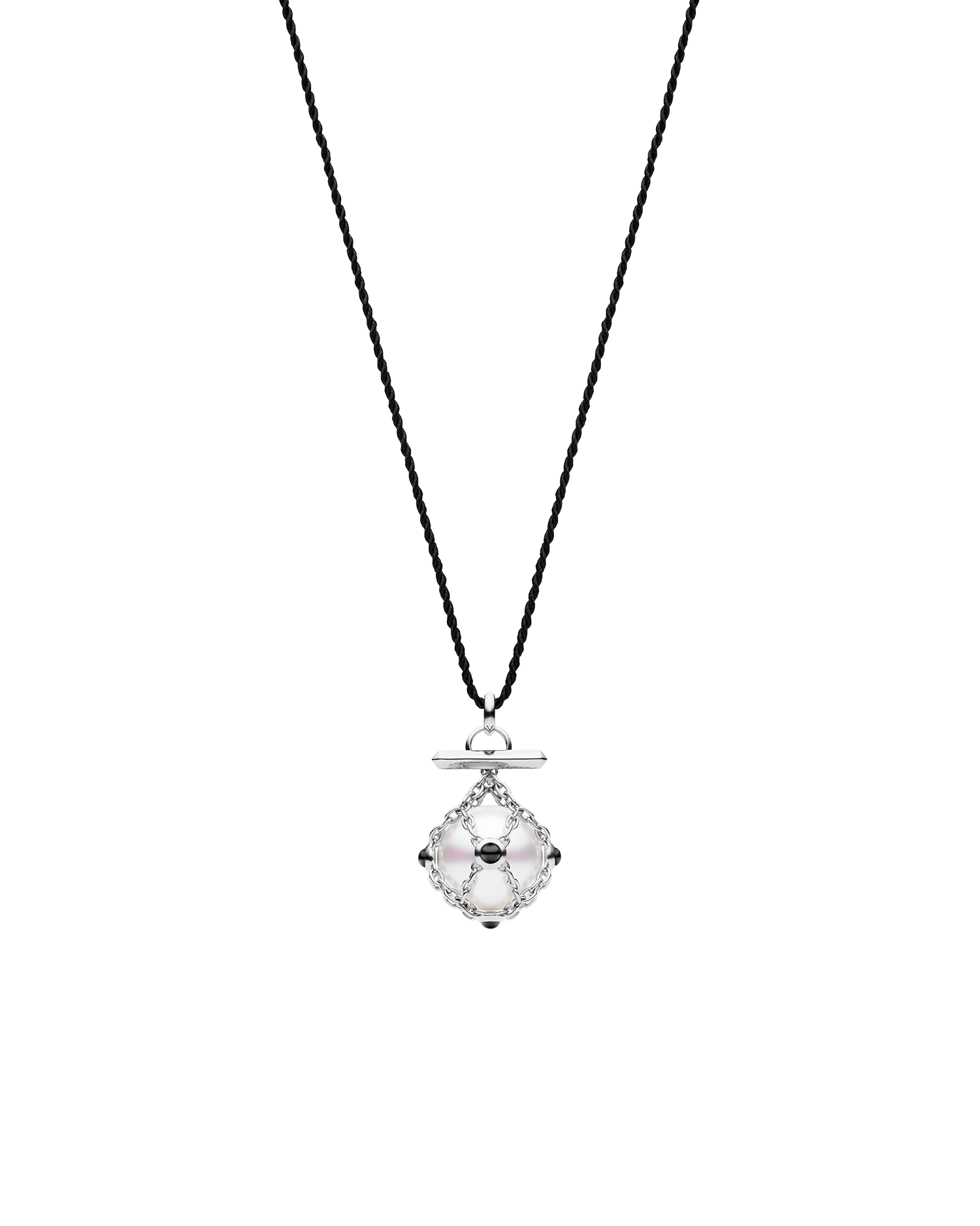 Diver Lavalier Silk Rope Necklace | 14mm Round Pearl, Black Spinel, and White Gold