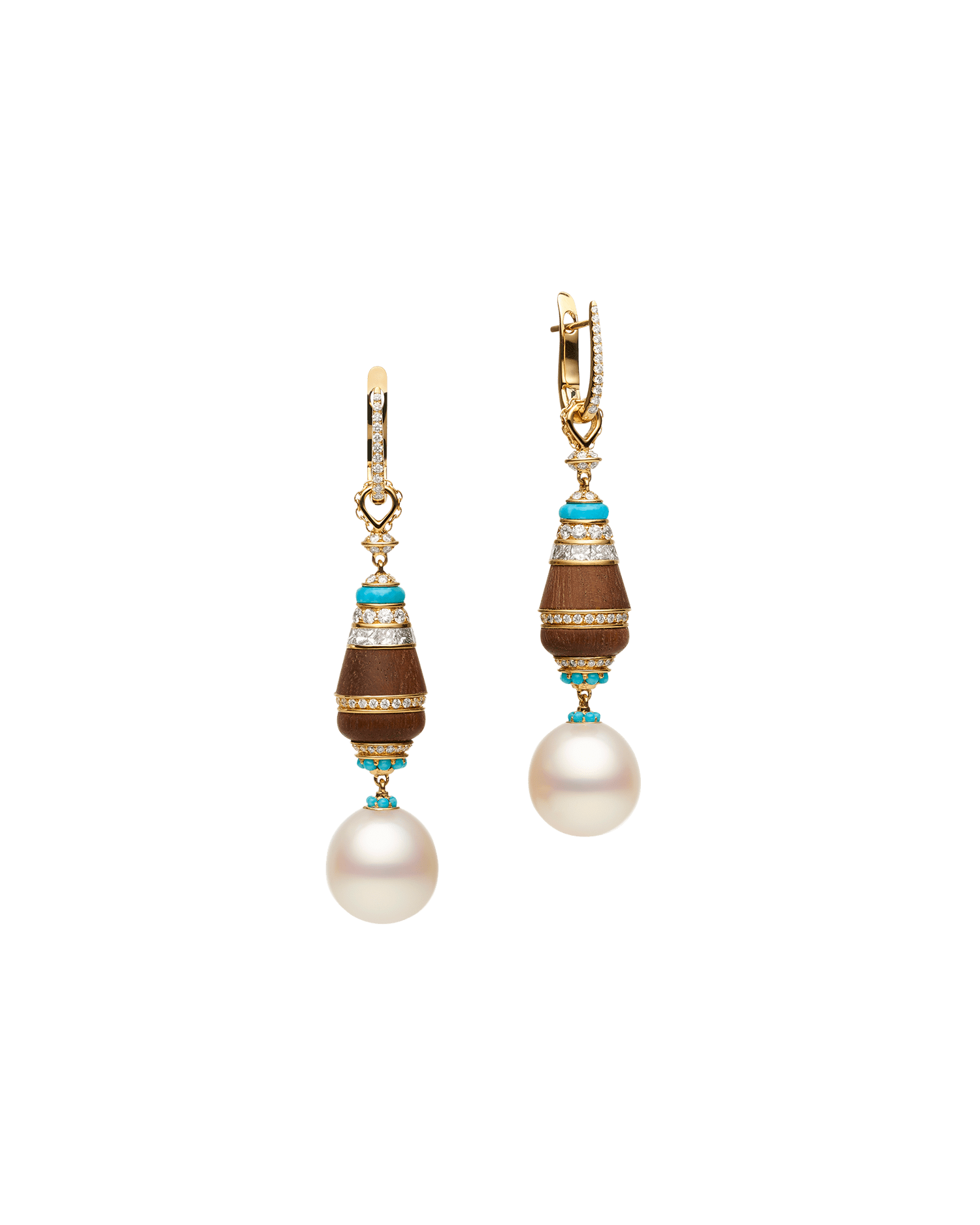 Lugger Wood Pearl Earrings | 12mm Drop Pearl, Turquoise, and Yellow Gold 1