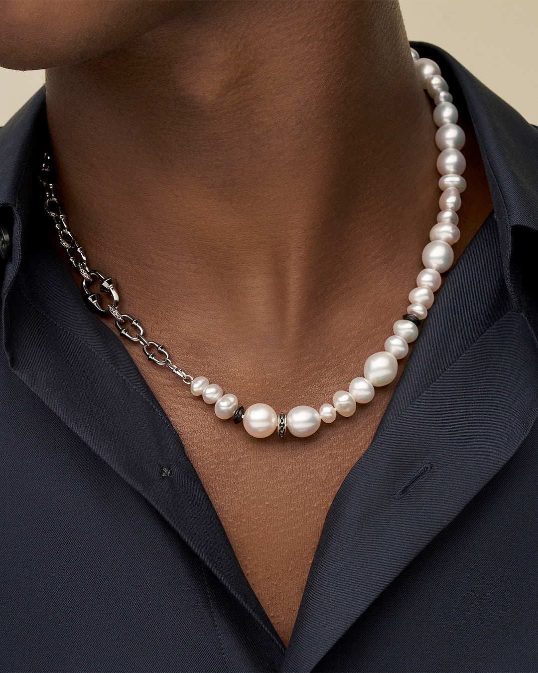 Diver Pearl Necklace  | 6-11mm Pearls, White Gold, and Palladium