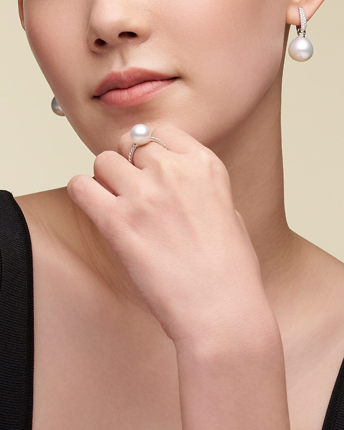 Pave Diamond Pearls My Way Earrings On Body DWPO14C16E06W C16E06W C16AE03WPO14 Eternity Pearl Ring On Body dc11r10wpr10 