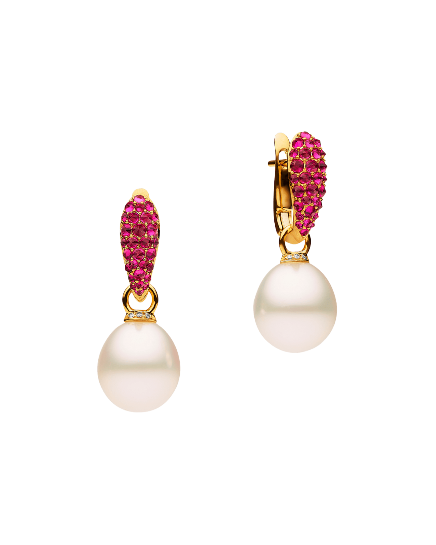 Ruby Touchstone Pearls My Way Pearl Earrings | 12mm Oval Pearls, Rubies, and Rose Gold 1