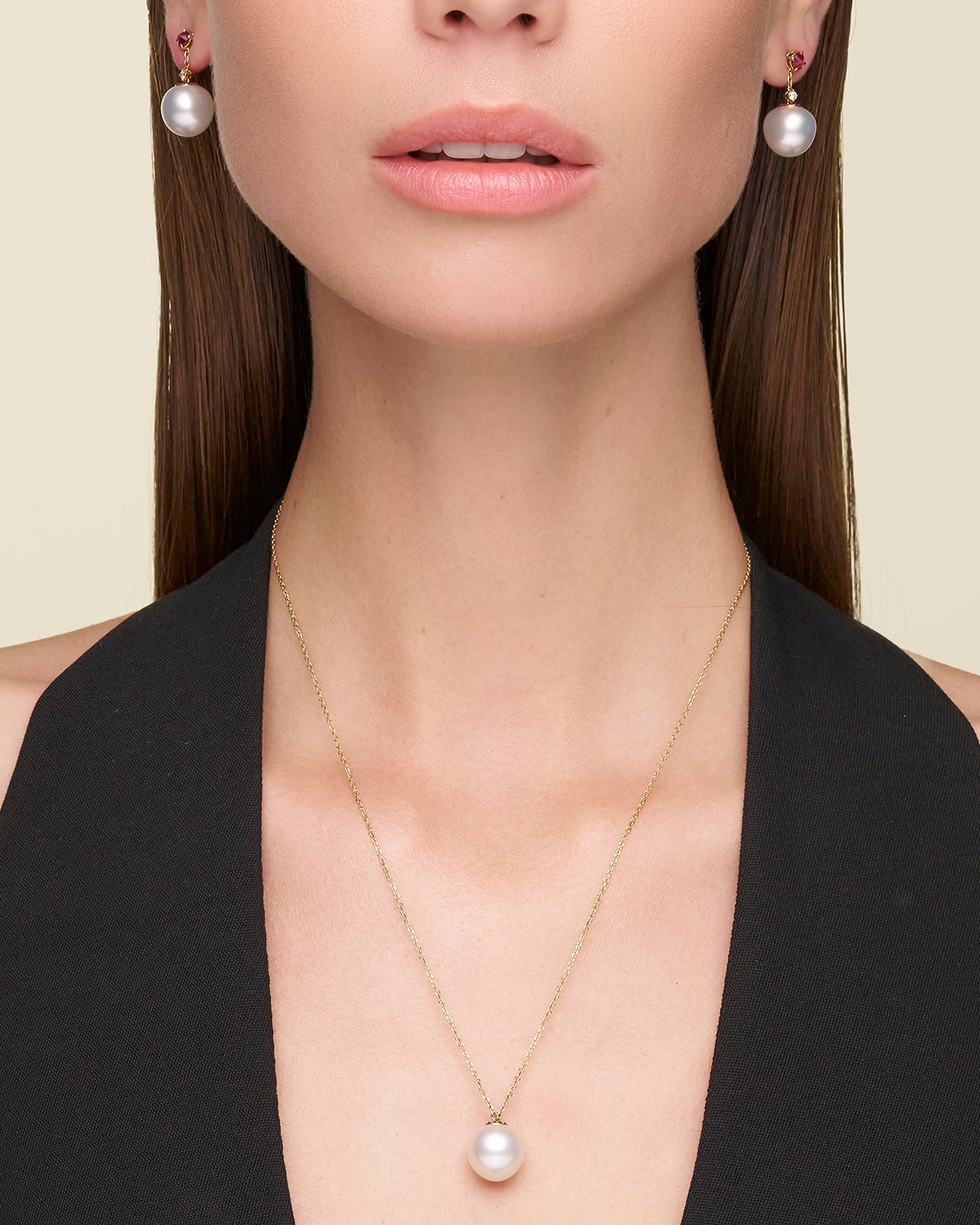 Ruby Touchstone Single Pearl Necklace On Body V14n04ypt13 Ruby Touchstone Pearl Drop Earring On Body V14e02ypt12