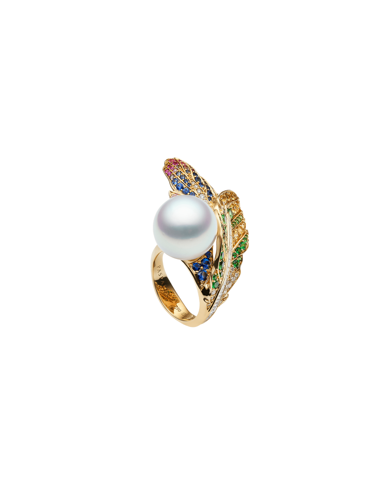 Song Bird Feather Pearl Ring | 15mm Round Pearl, Gemstones, and Yellow