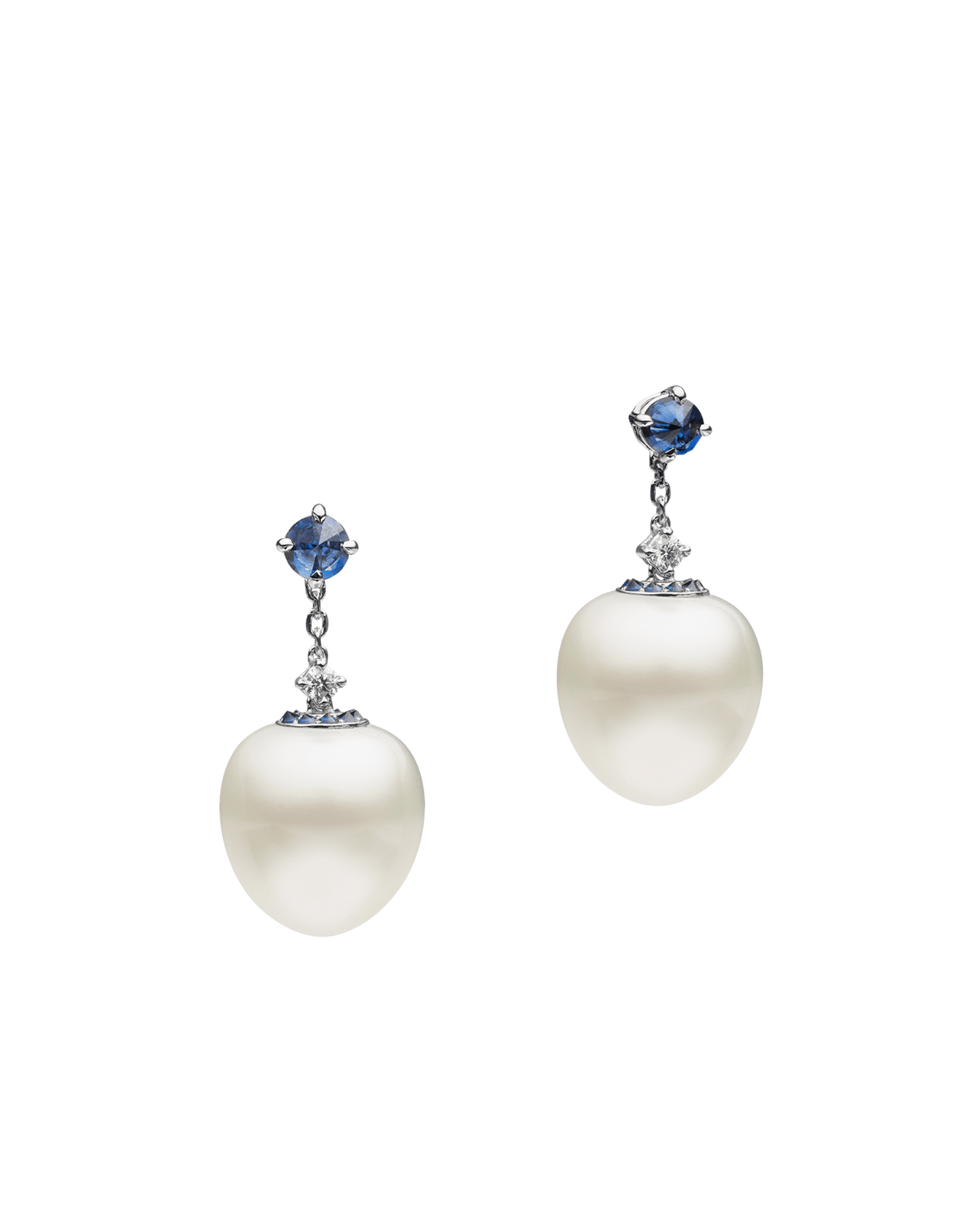 Blue Sapphire Touchstone Pearl Drop Earring | 12mm Triangle Pearls, Blue Sapphires, and White Gold