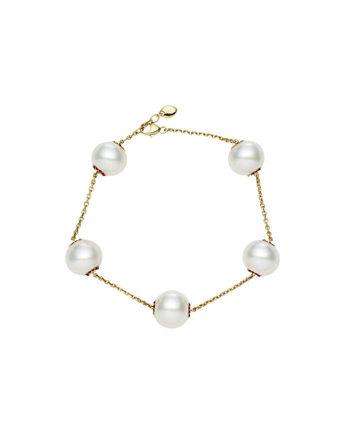 Ruby Touchstone Pearl Bracelet | 12mm Button Pearls, Rubies, and Yello