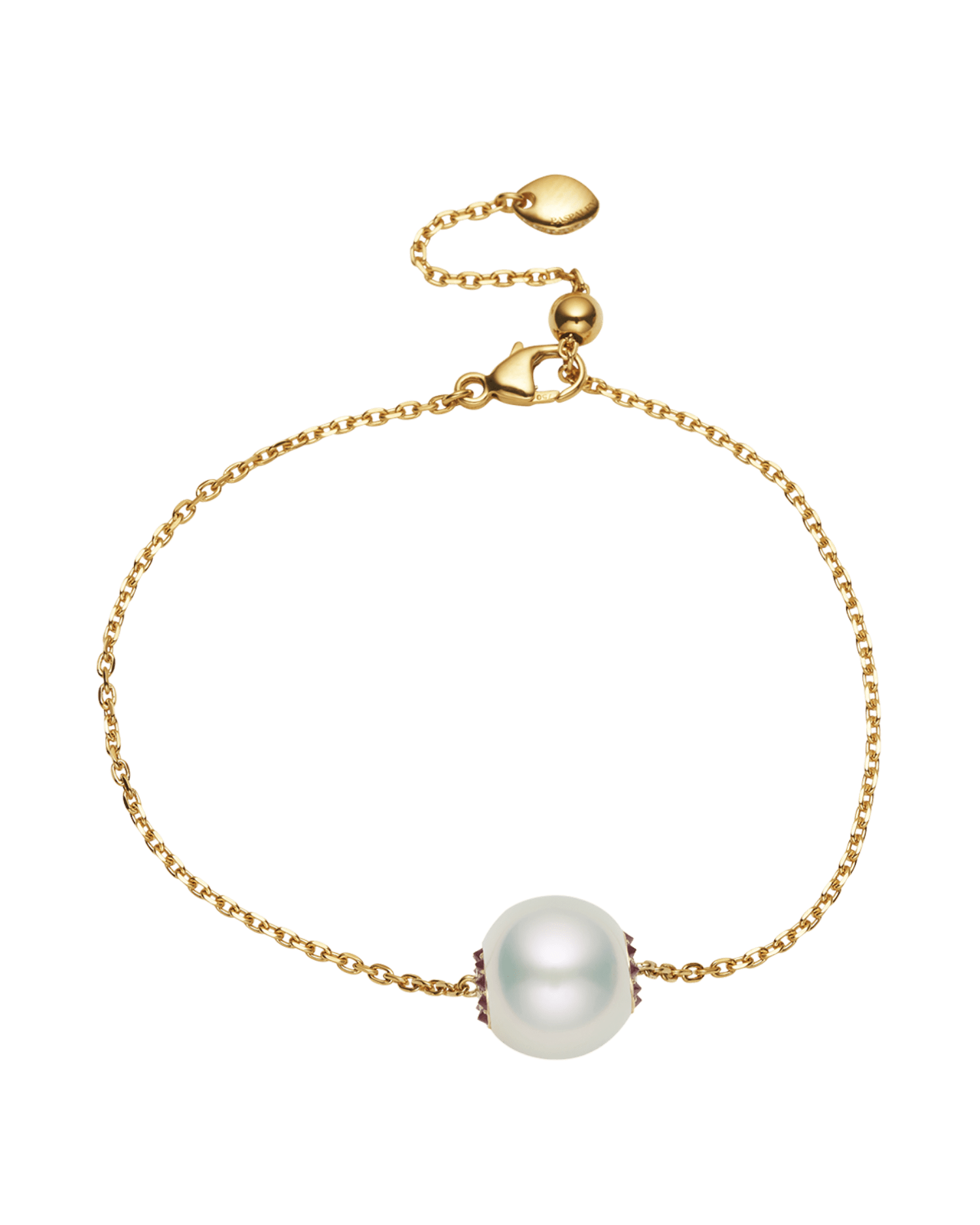 Ruby Touchstone Single Pearl Bracelet | 11mm Button Pearl, Rubies, and Yellow Gold 2