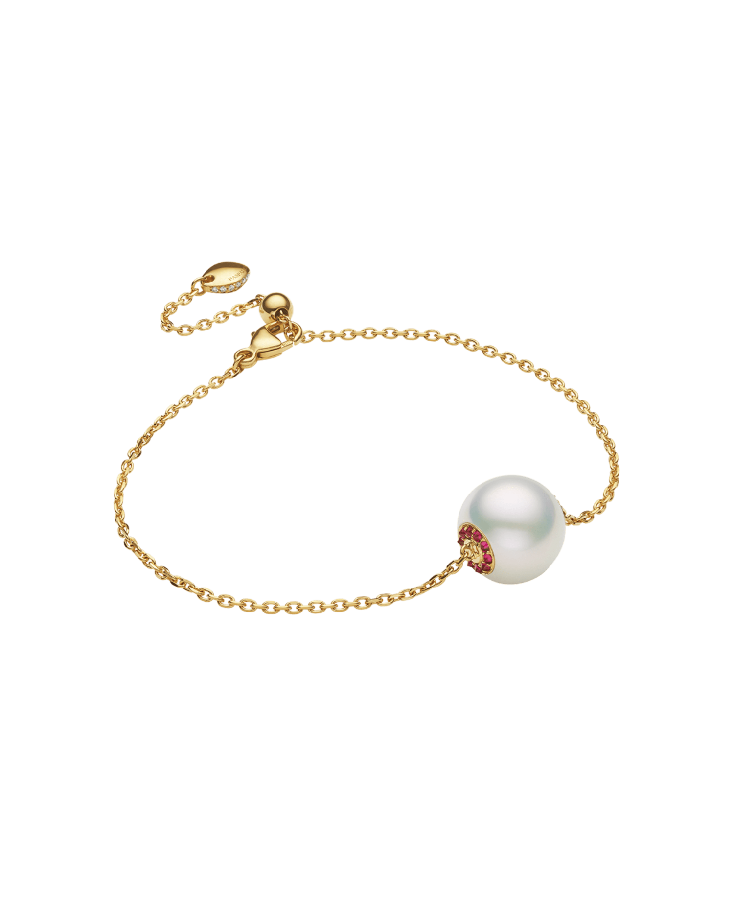 Ruby Touchstone Single Pearl Bracelet | 11mm Button Pearl, Rubies, and Yellow Gold 1