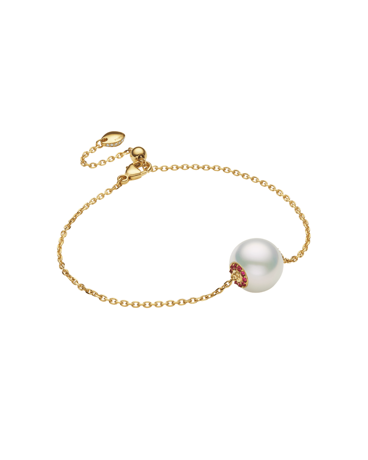 Ruby Touchstone Single Pearl Bracelet | 11mm Button Pearl, Rubies, and