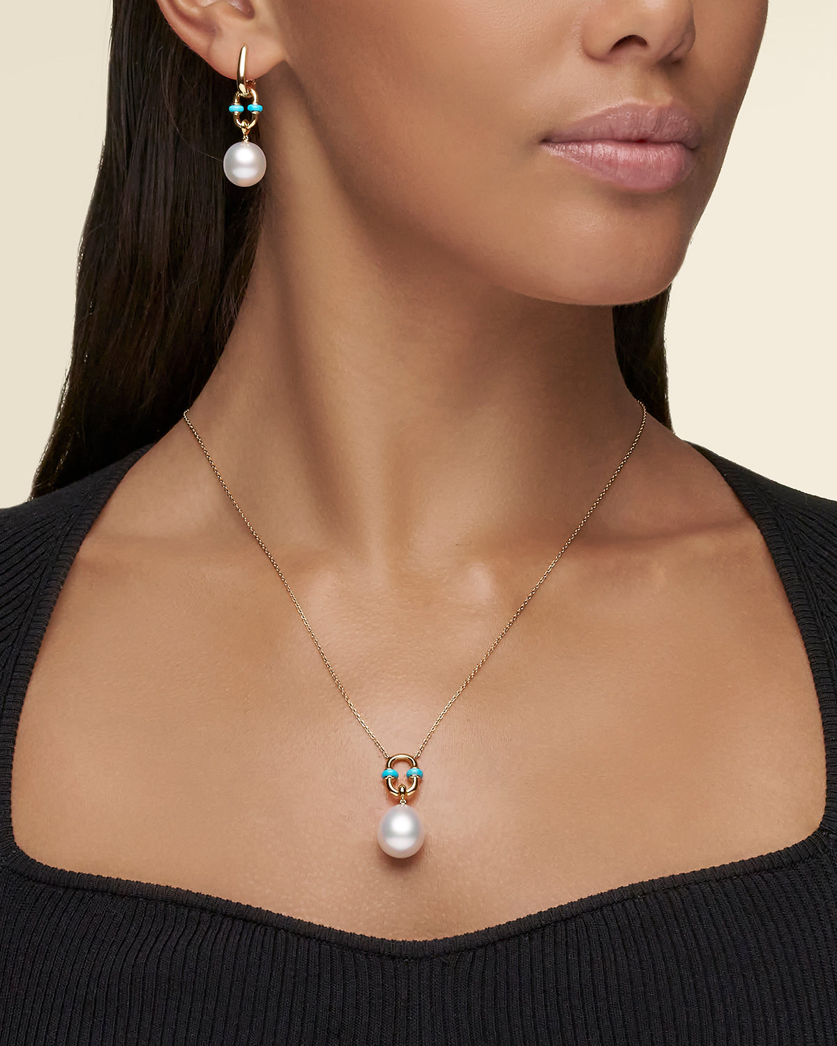 Turquoise Anchor Link Pearl Necklet On Body D24N61YPO13 Earrings D24E6102YPO11