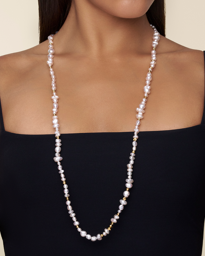 Pearly White Rope Wild Gold Granule Pearl Strand Rope Necklace | 4-10mm Pearls, Paspaley