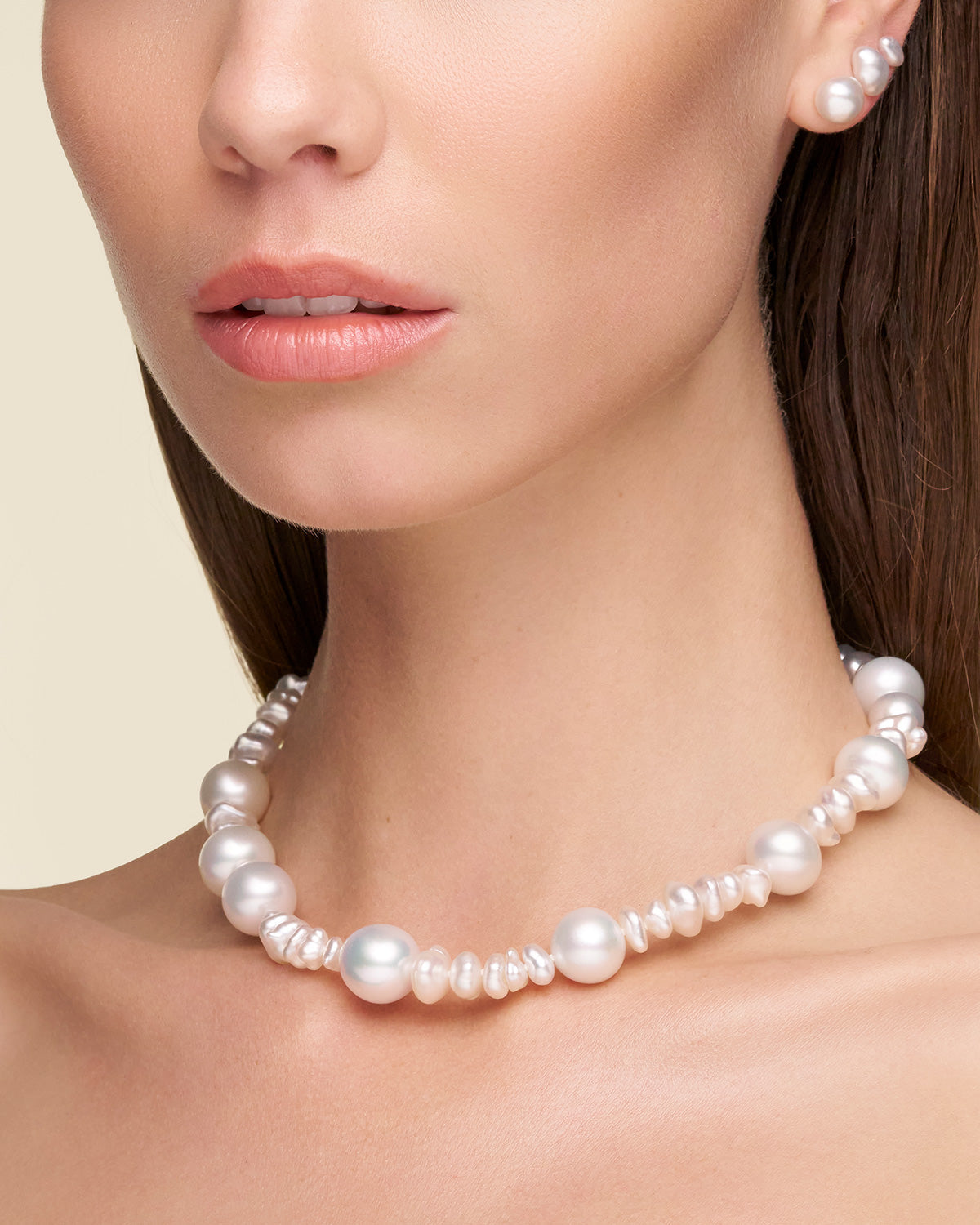 Wild Pearl Strand Necklace On Body SCE22MIX03 Earrings dkbqstud Studs stack