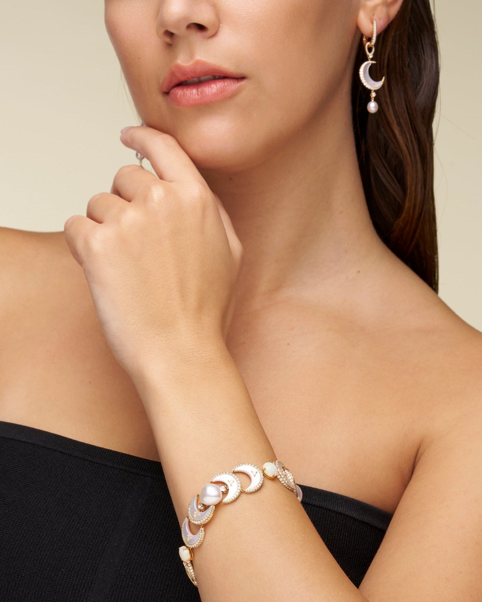 Crescent Moon Pearl Bracelet | 9mm Keshi Pearls, White Opals, and Yellow Gold