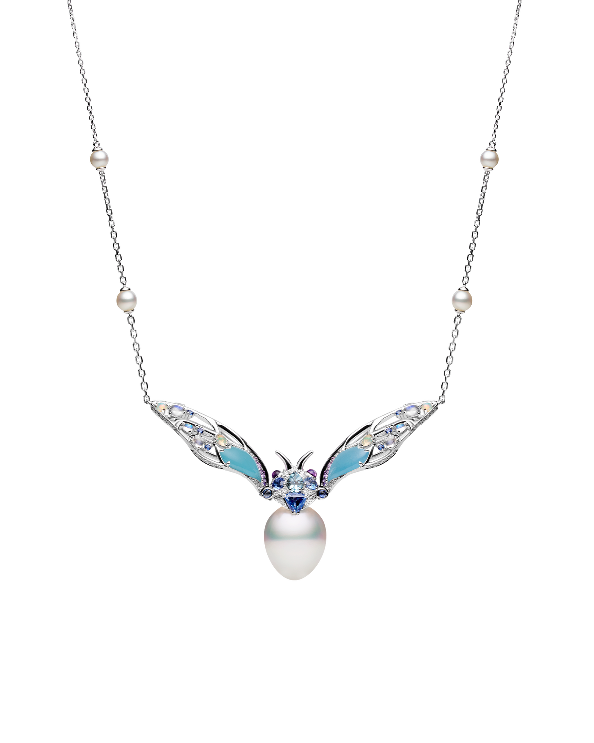 Blue Moon Cicada Pearl Necklace | 4-14mm Pearls, Blue Sapphires, and White Gold