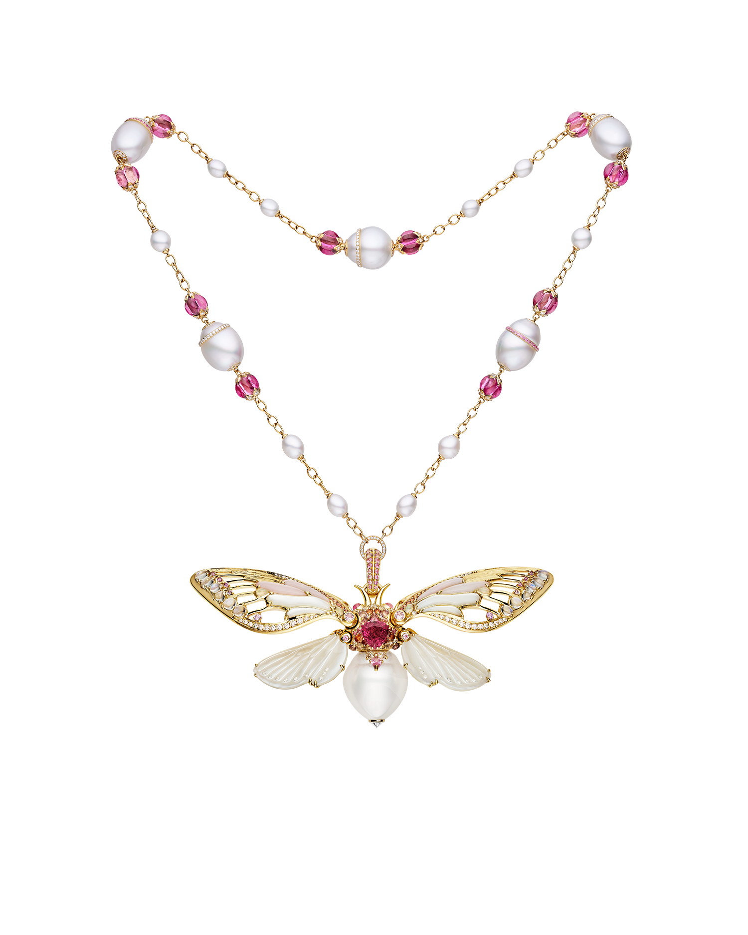 Blushing Cicada Collier | 17mm Drop Pearl, Pink Opal, and Yellow Gold