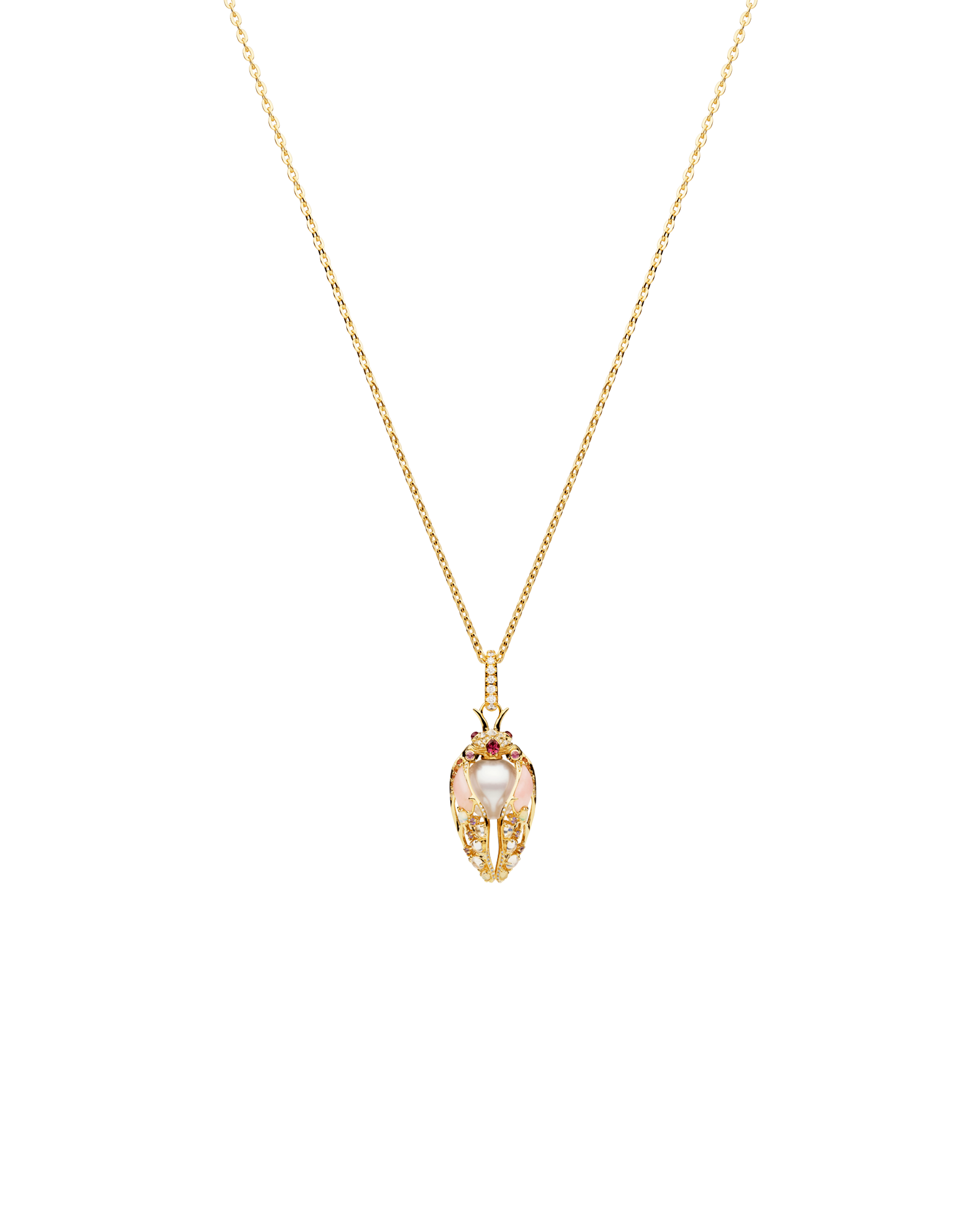 Blushing Cicada Pearl Pendant | 11mm Oval Pearl, Pink Opal, and Yellow Gold
