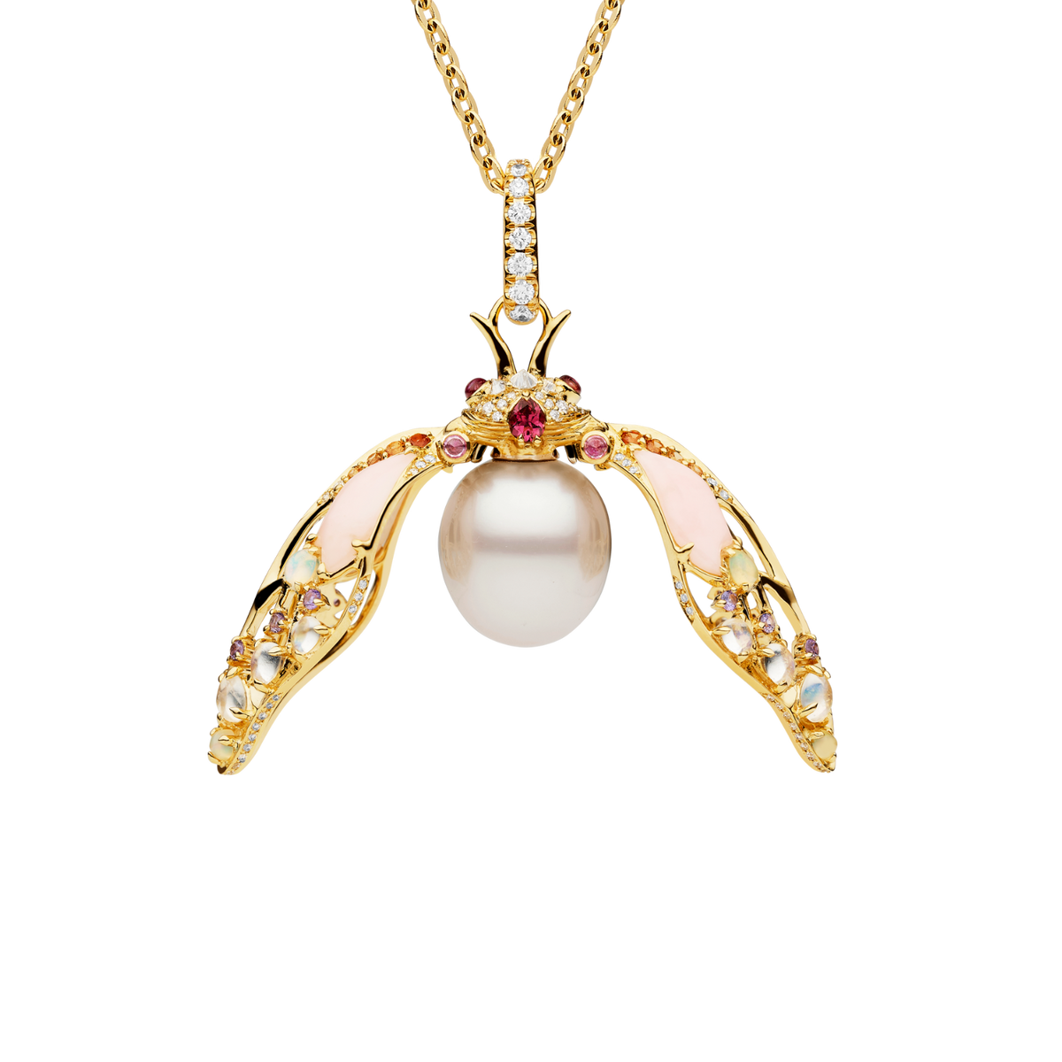 Blushing Cicada Pearl Pendant | 11mm Oval Pearl, Pink Opal, and Yellow