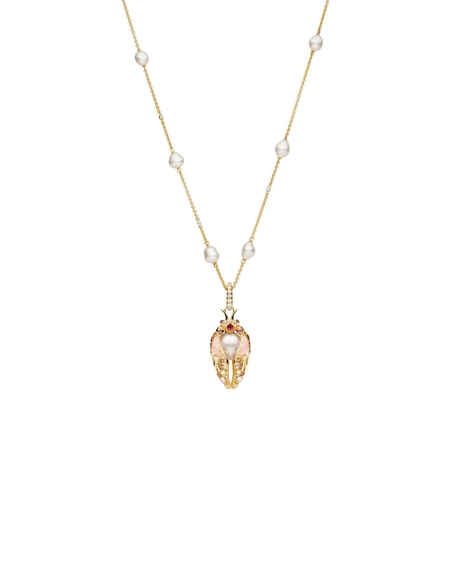 Blushing Cicada Pearl Pendant | 11mm Oval Pearl, Pink Opal, and Yellow Gold